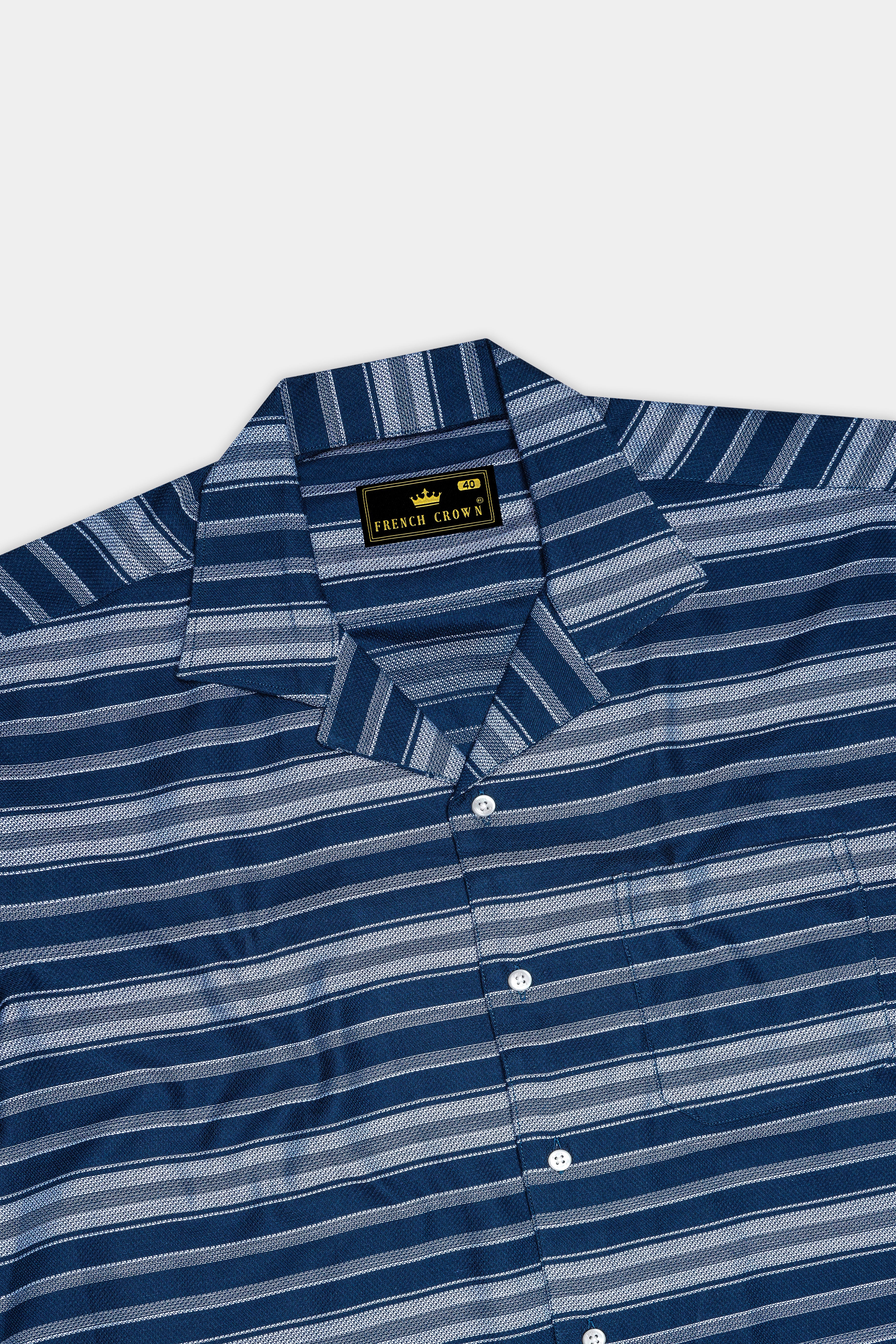 Blue Multicolour Striped Dobby Textured Half-Sleeved Shirt