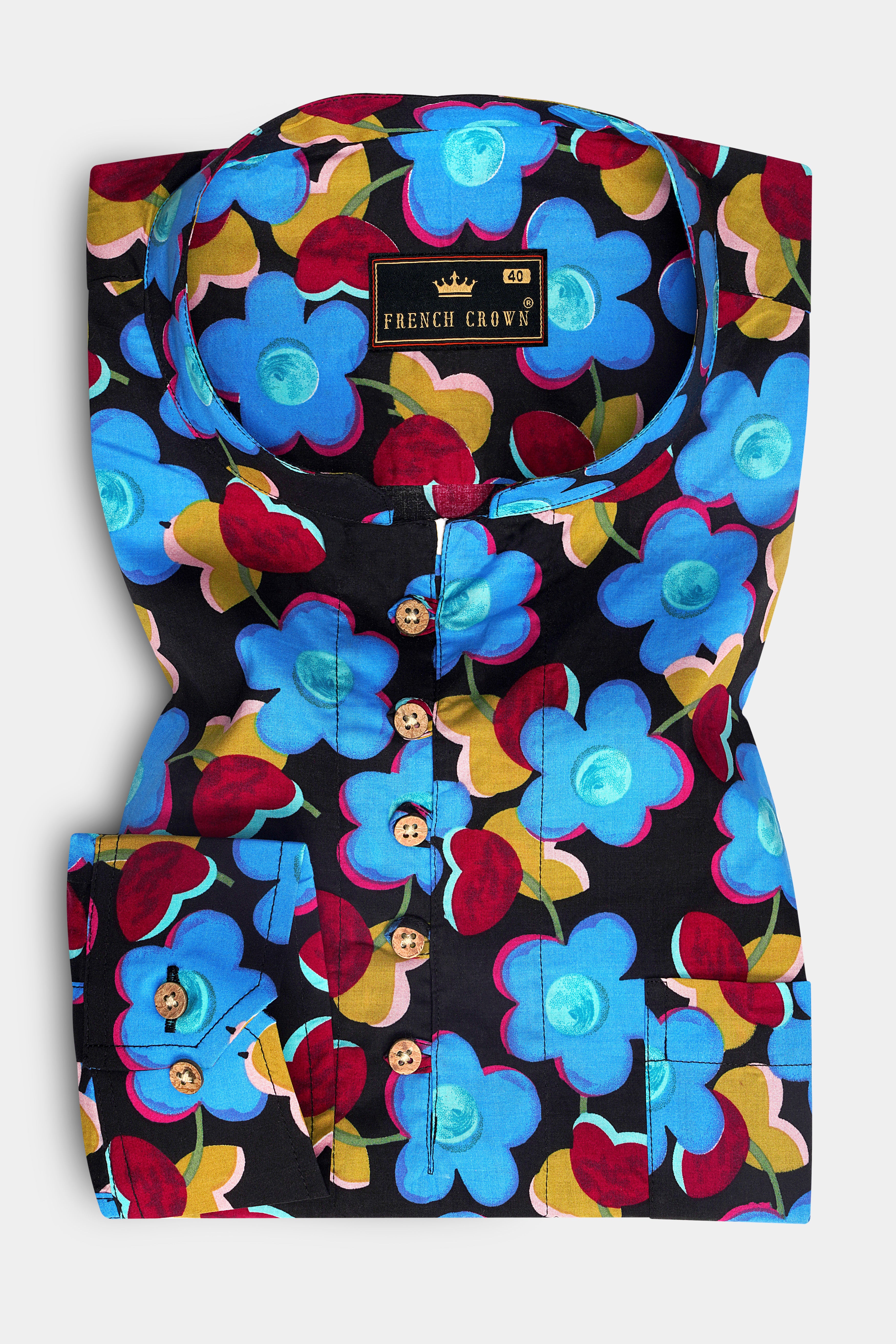 Jade Black with Scrunchie Blue Floral Printed Premium Cotton Kurta Shirt