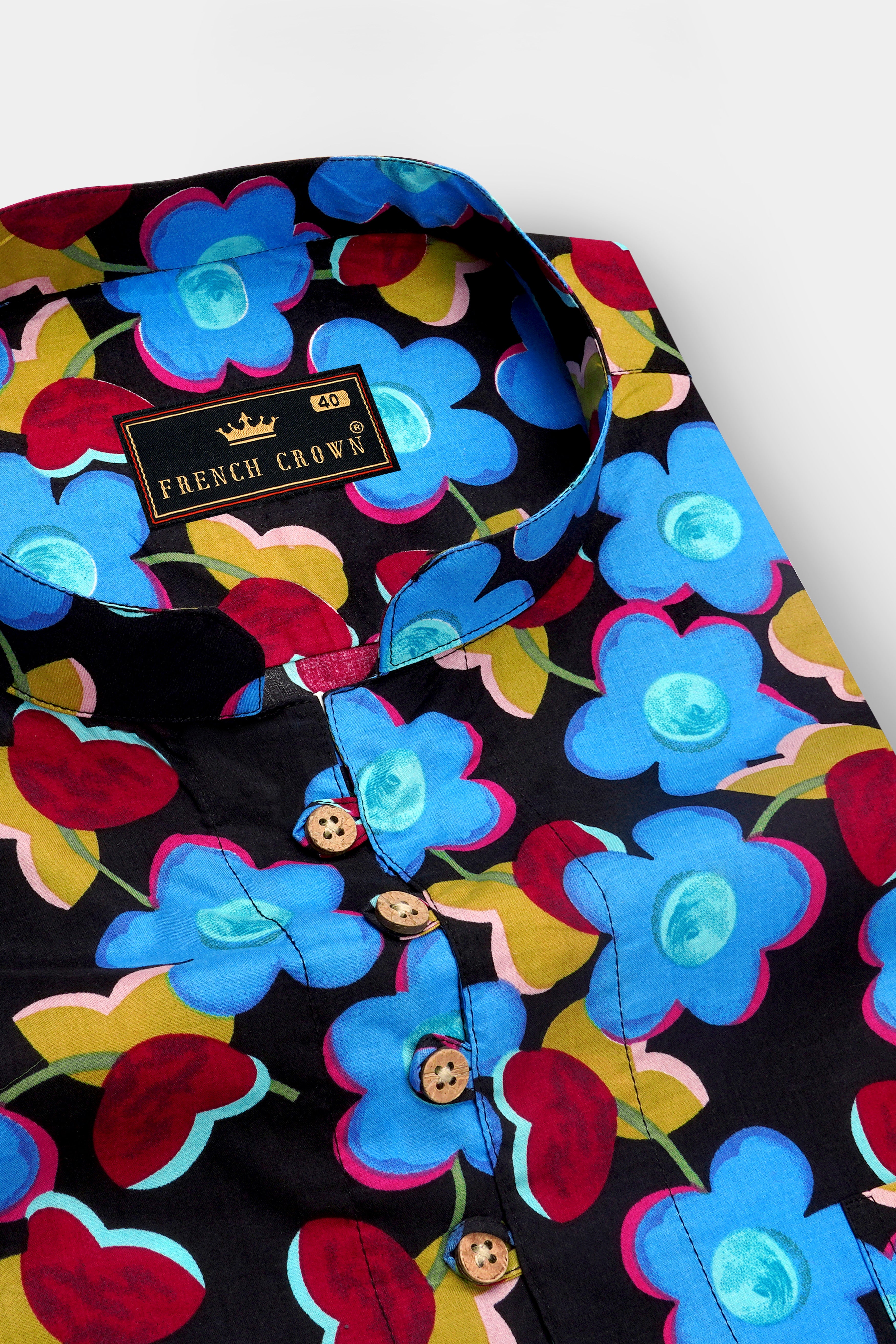 Jade Black with Scrunchie Blue Floral Printed Premium Cotton Kurta Shirt