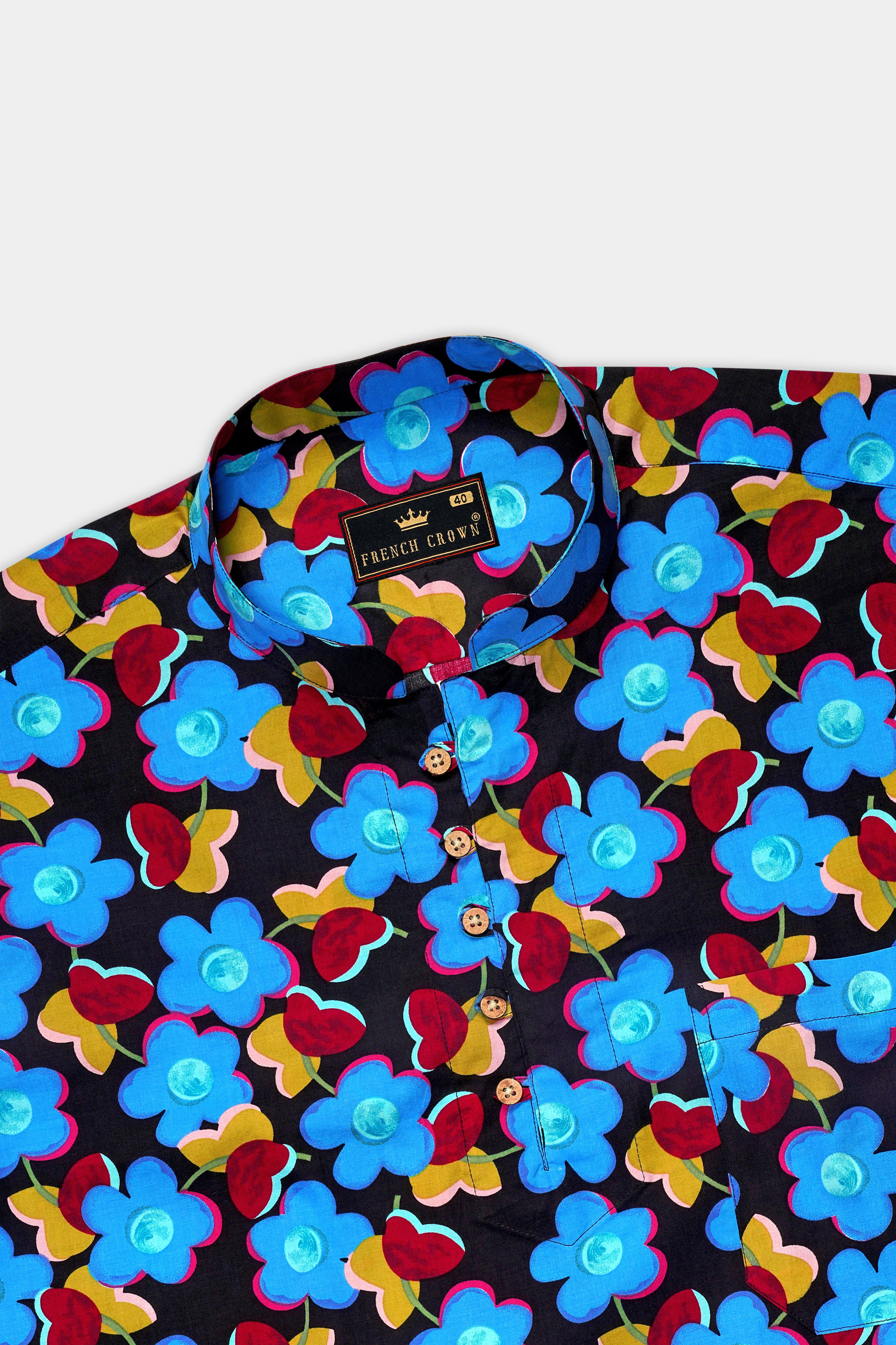 Jade Black with Scrunchie Blue Floral Printed Premium Cotton Kurta Shirt