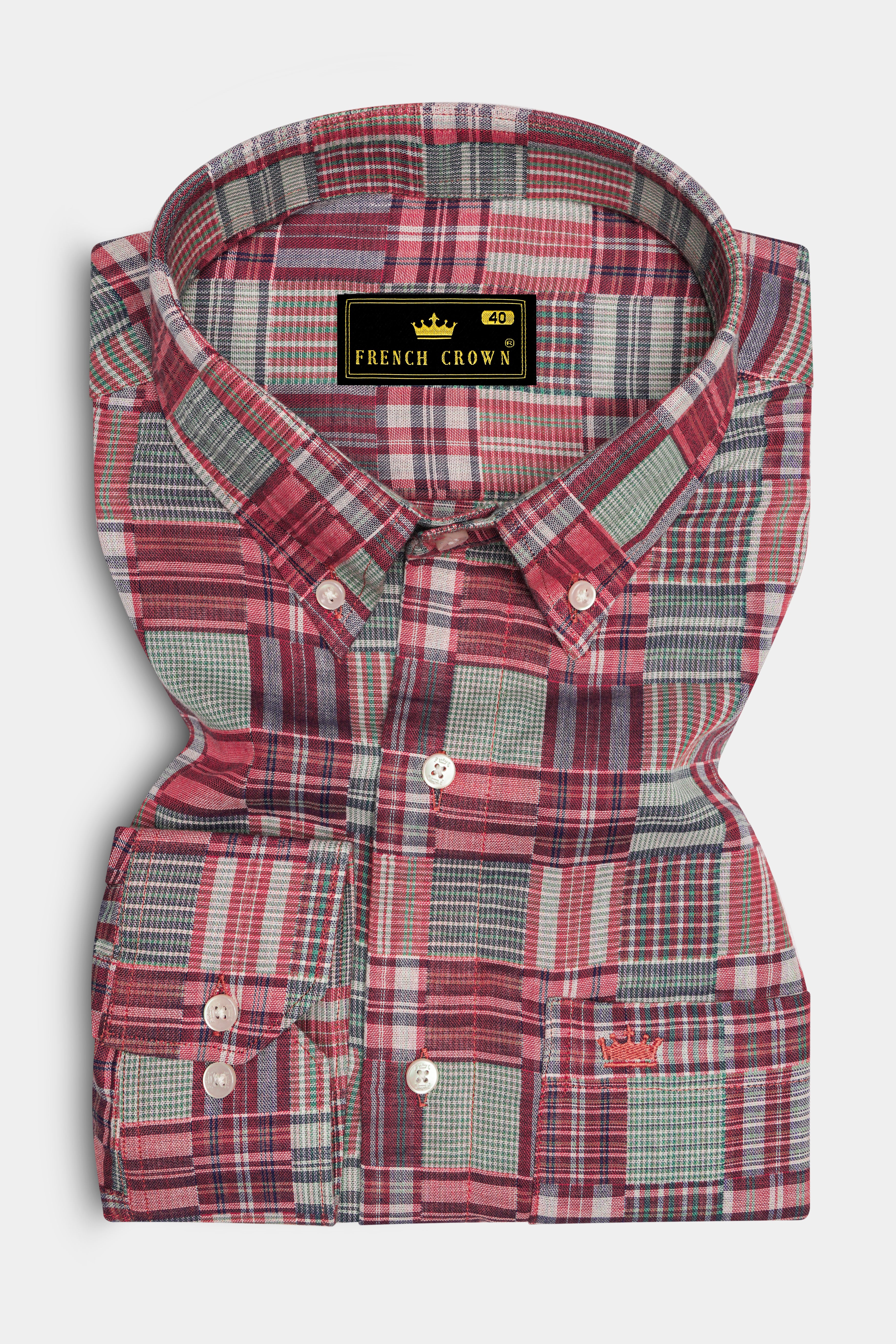 Cordovan Maroon with Gossamer Green Checkered Dobby Textured Premium Giza Cotton Shirt