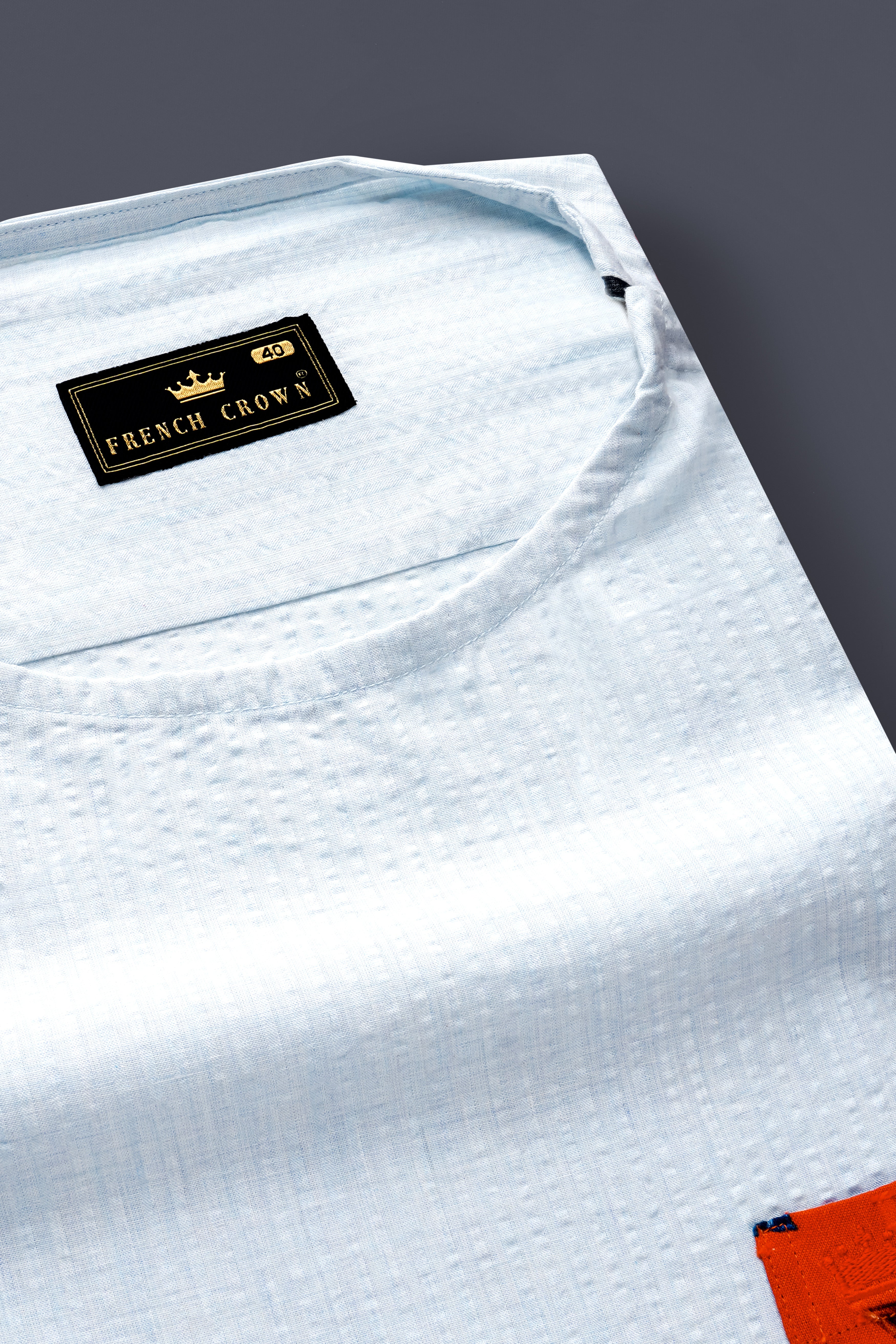 Porcelain Gray with Fame Orange Floral Printed Seersucker Designer Bush Shirt