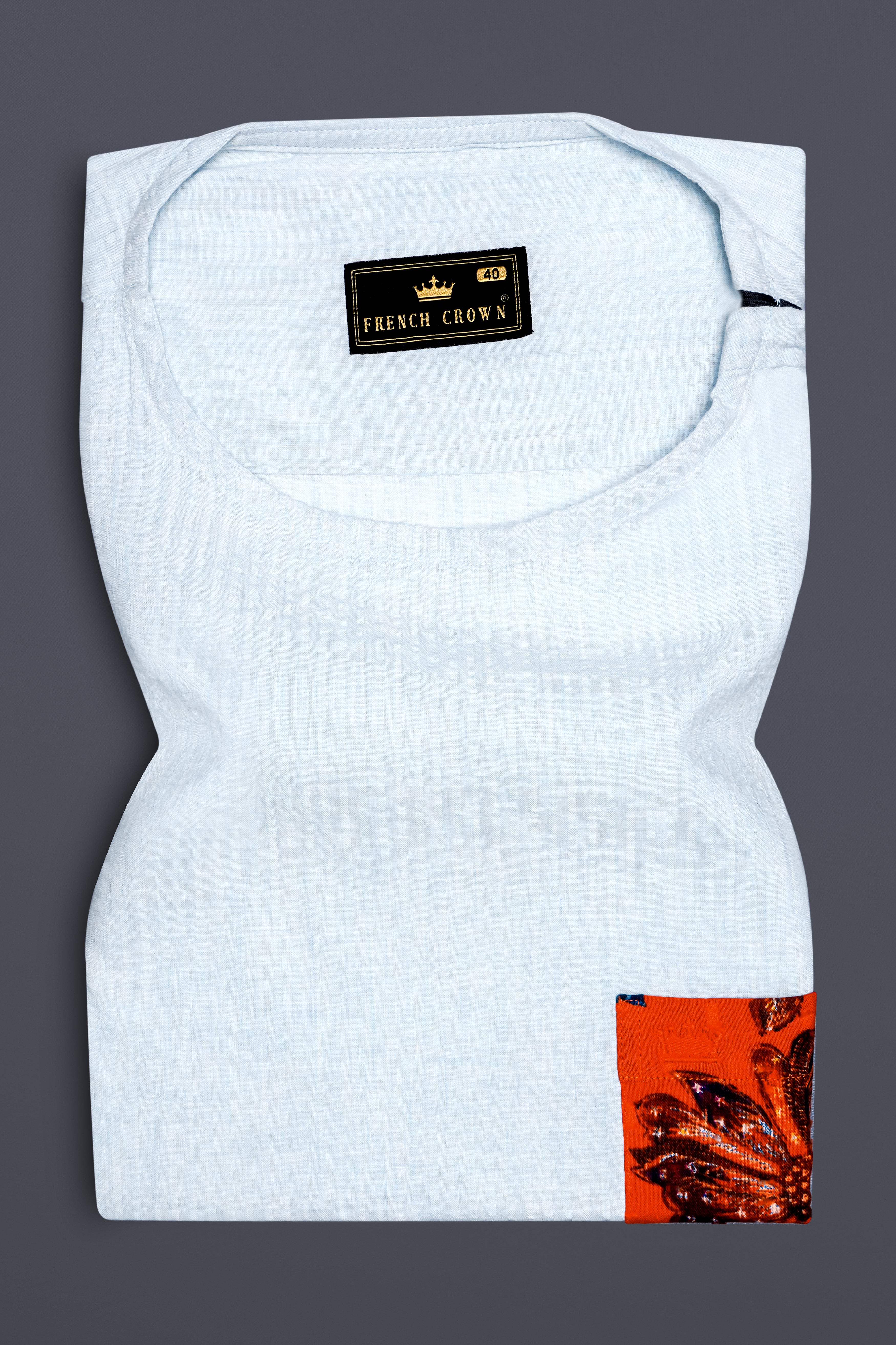 Porcelain Gray with Fame Orange Floral Printed Seersucker Designer Bush Shirt