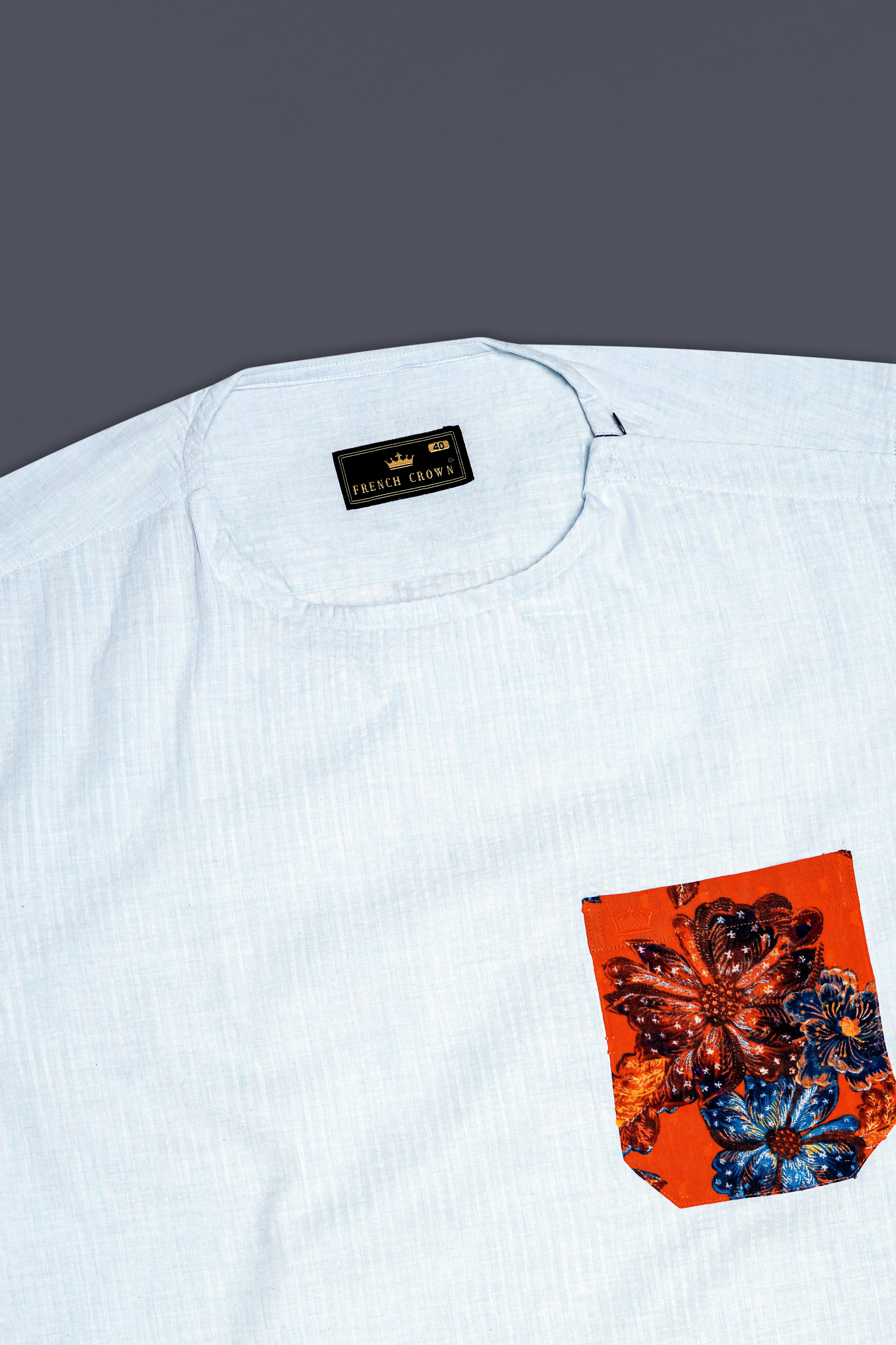 Porcelain Gray with Fame Orange Floral Printed Seersucker Designer Bush Shirt