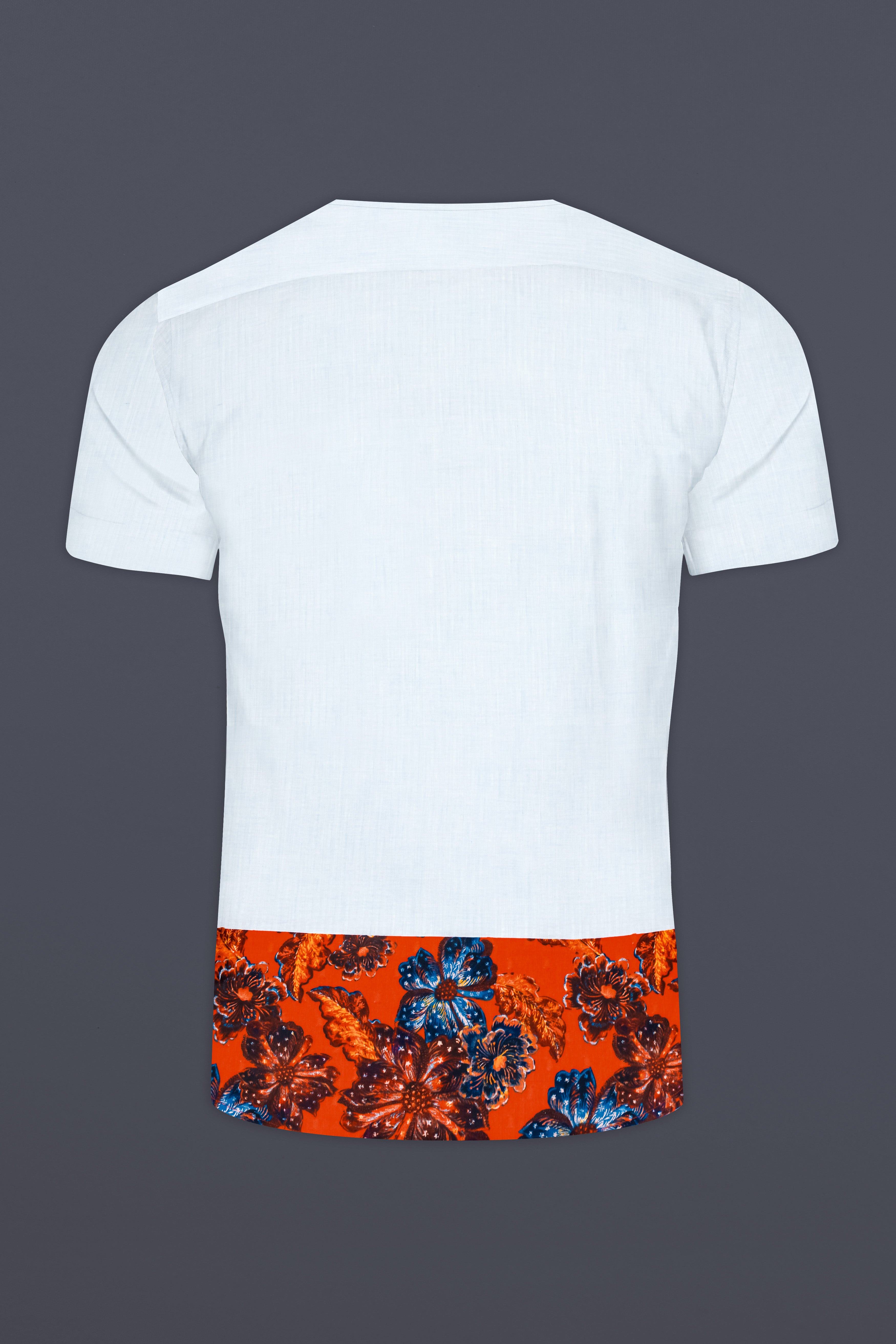 Porcelain Gray with Fame Orange Floral Printed Seersucker Designer Bush Shirt