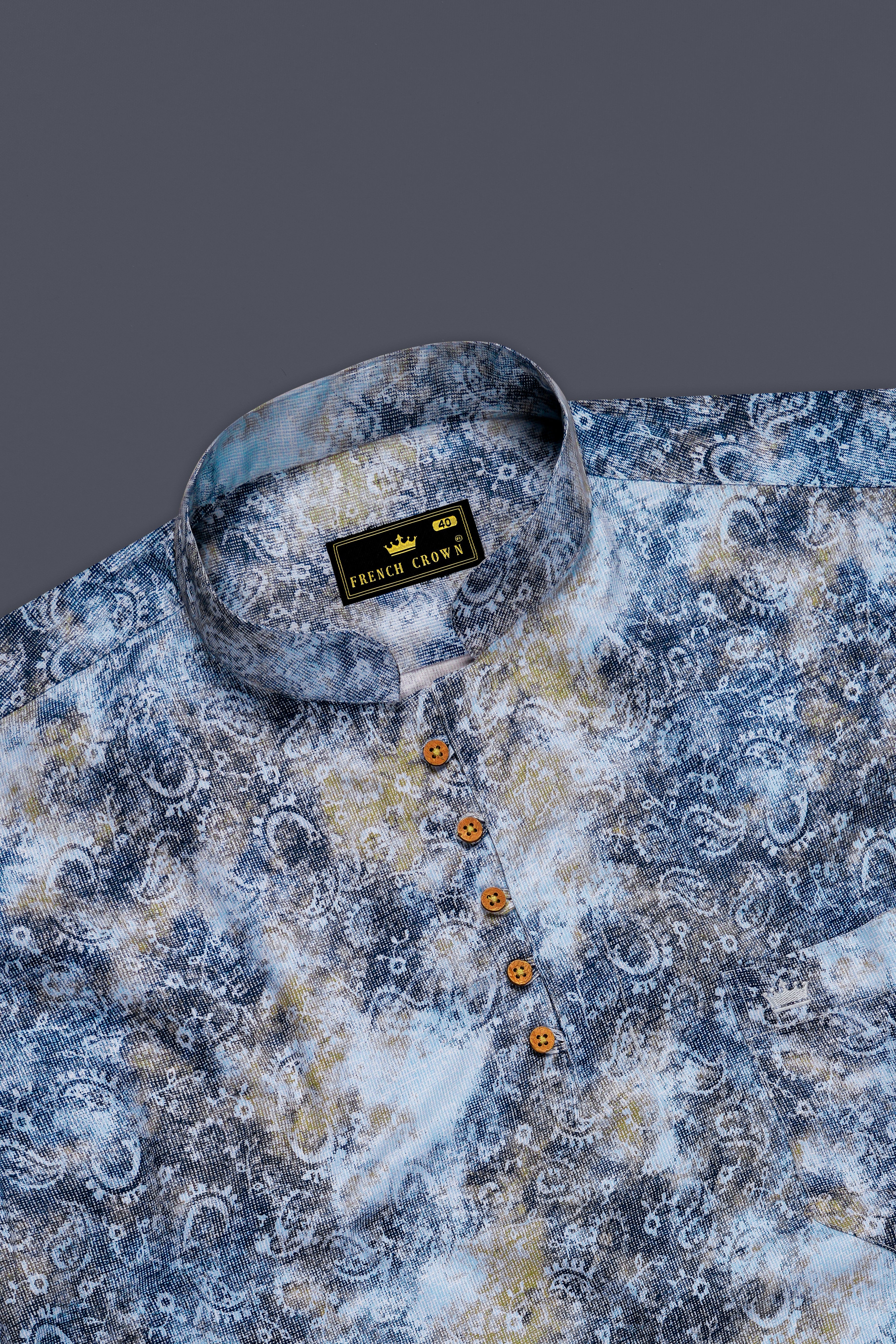 Bright White with Bison Hide Brown and East Bay Blue Paisley Printed Premium Cotton Kurta Shirt