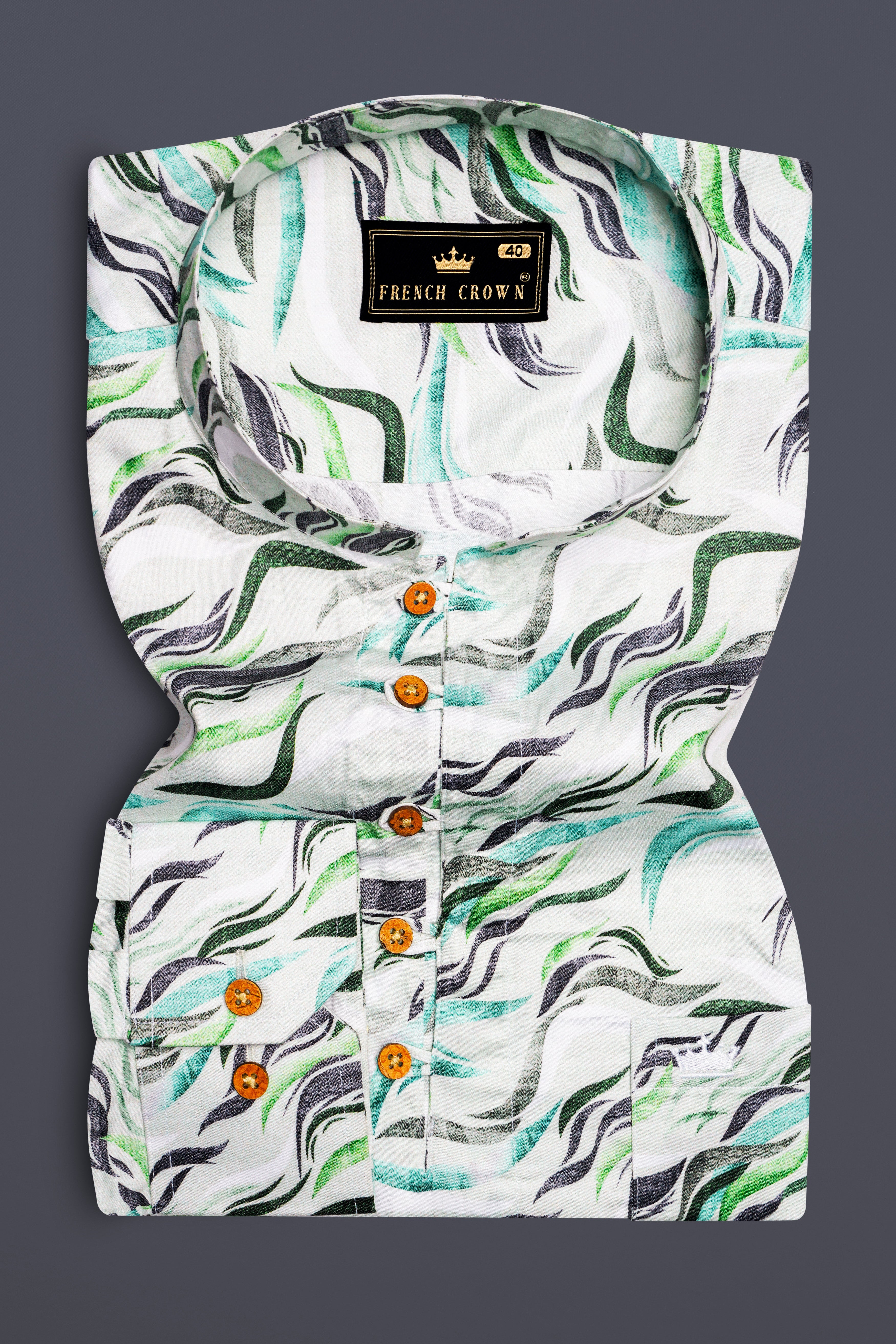 Bright White with Casper Blue and Pistachio Green Printed Super Soft Premium Cotton Kurta Shirt