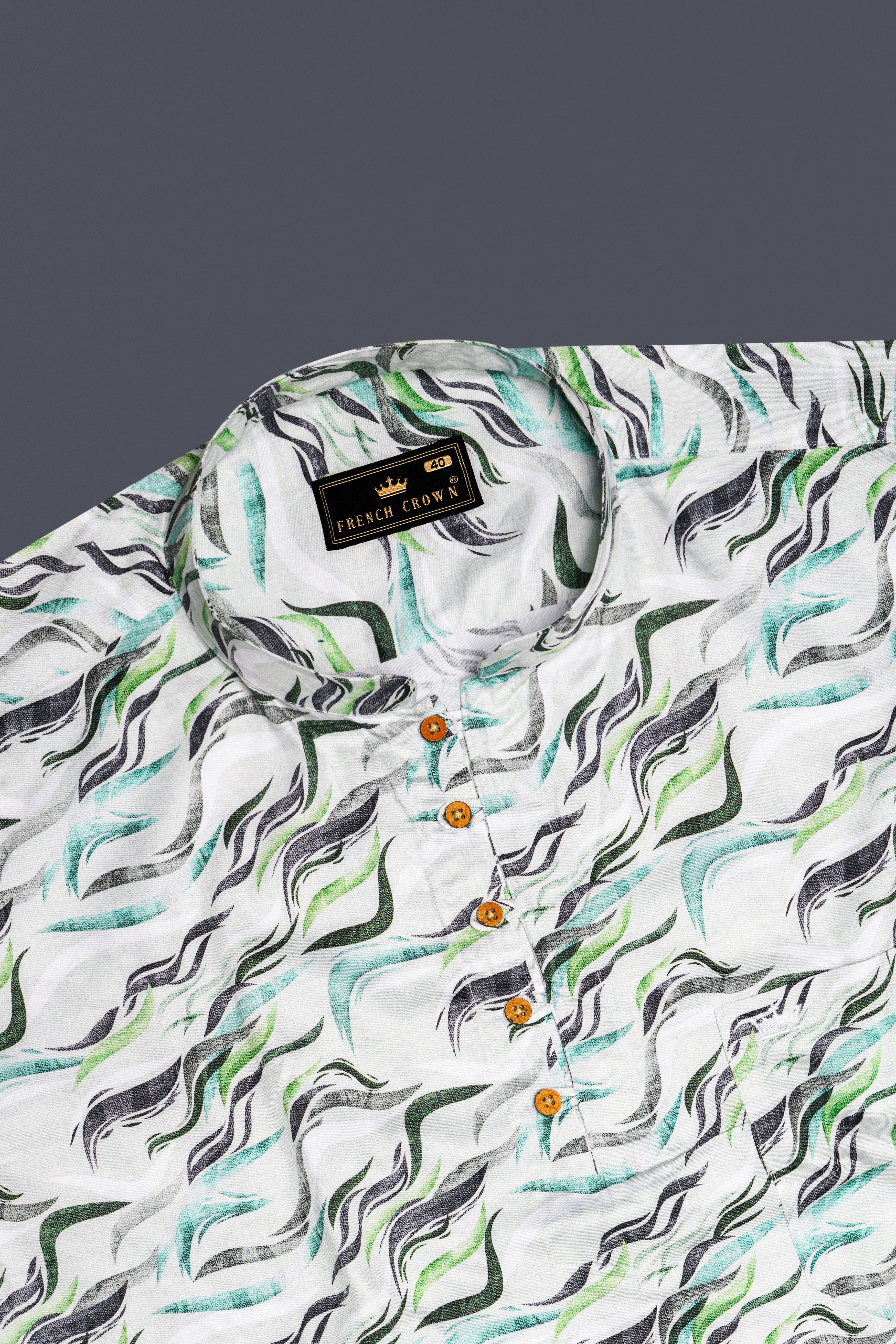 Bright White with Casper Blue and Pistachio Green Printed Super Soft Premium Cotton Kurta Shirt