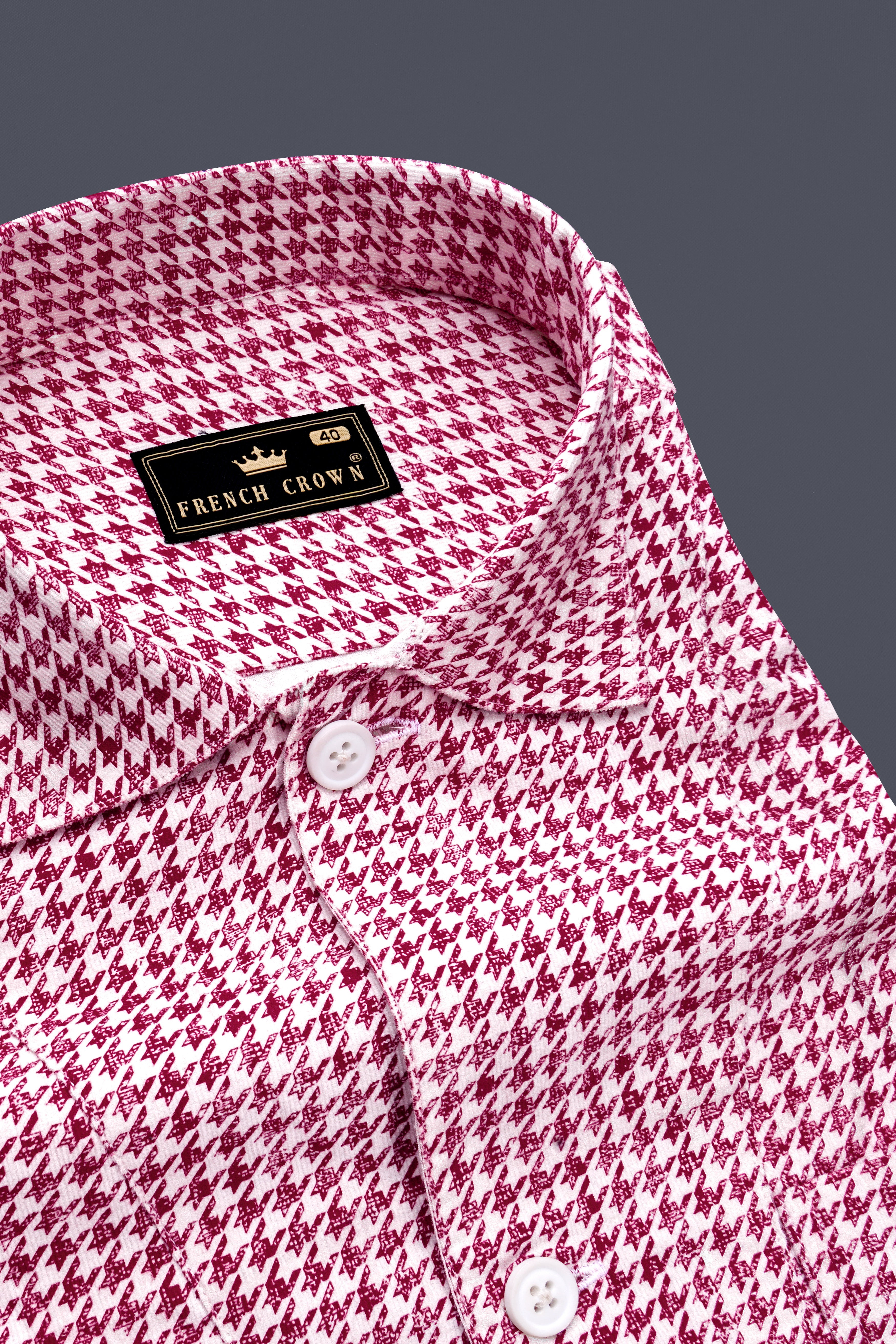 Burgundy and White Houndstooth Textured Premium Giza Cotton Overshirt/Shacket