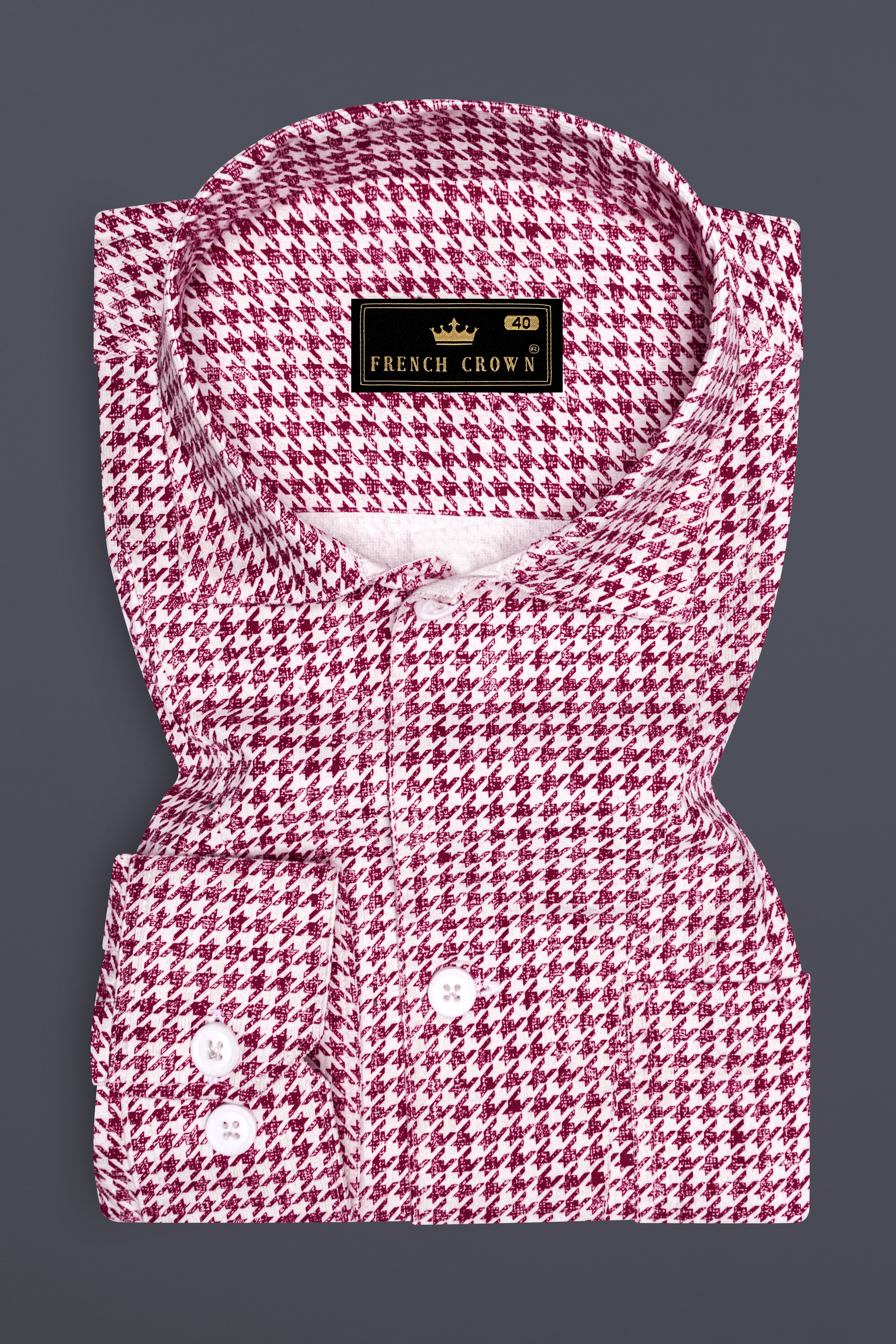 Burgundy and White Houndstooth Textured Premium Giza Cotton Overshirt/Shacket