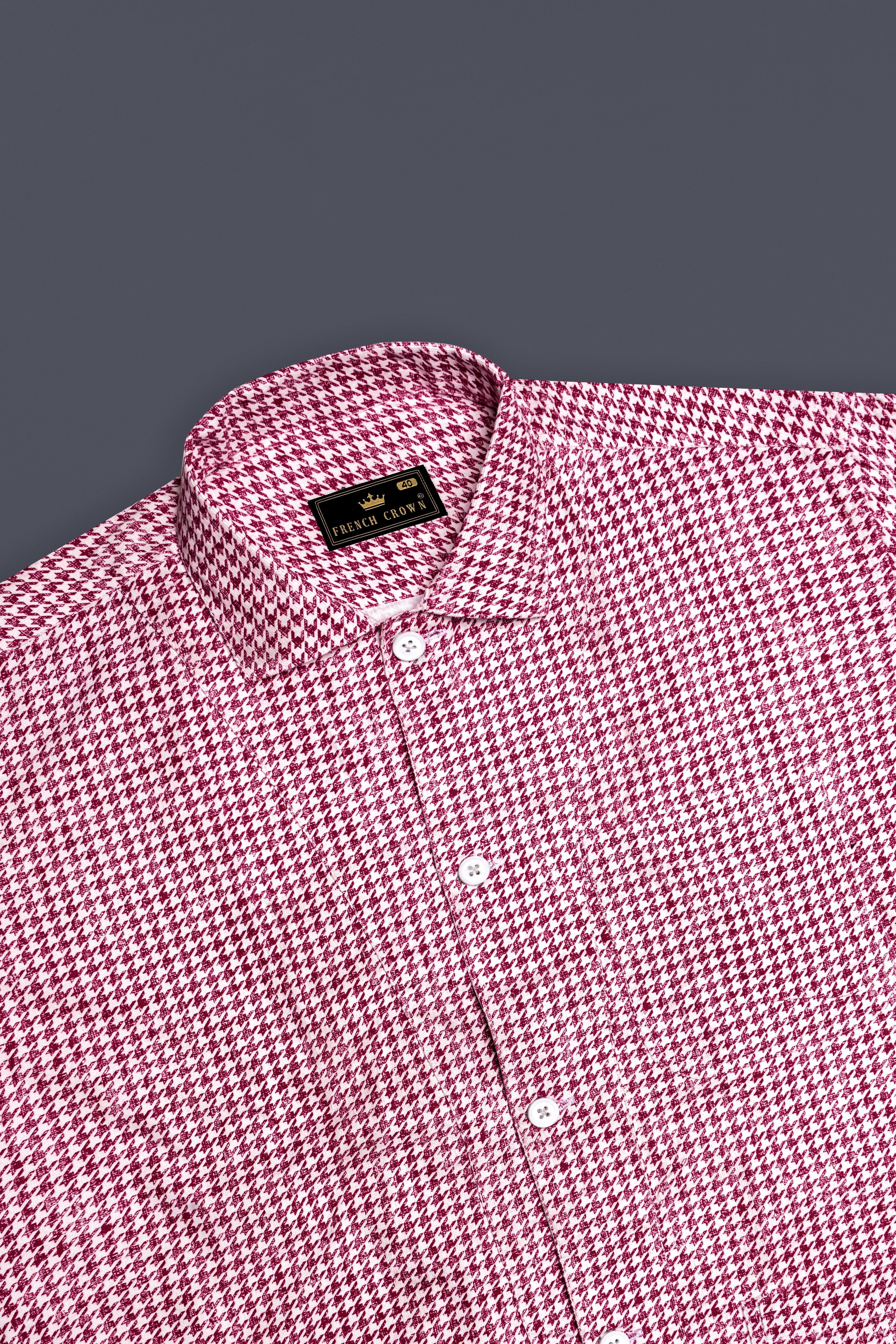 Burgundy and White Houndstooth Textured Premium Giza Cotton Overshirt/Shacket