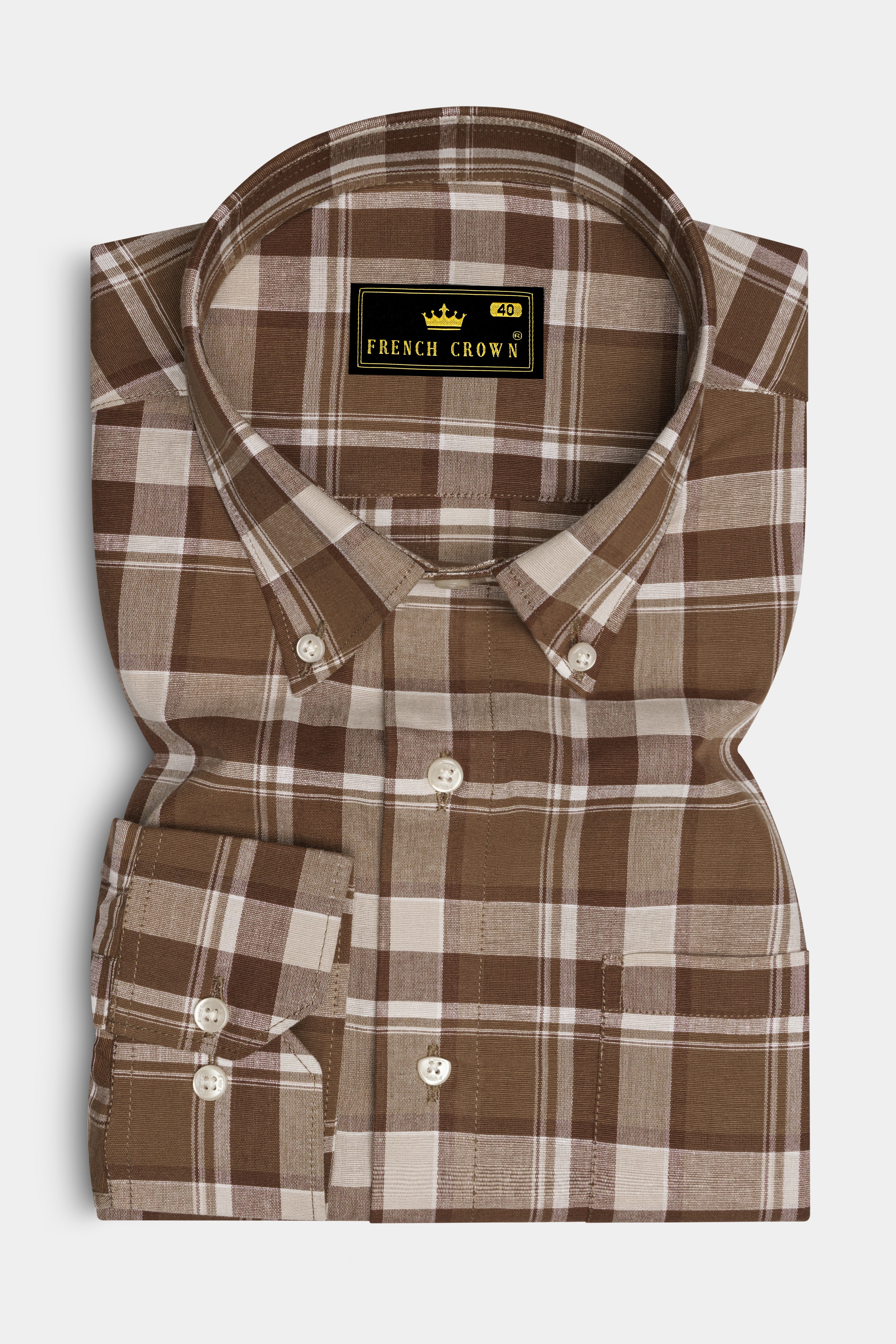 Spice Brown and White Plaid Chambray Button-Down Shirt