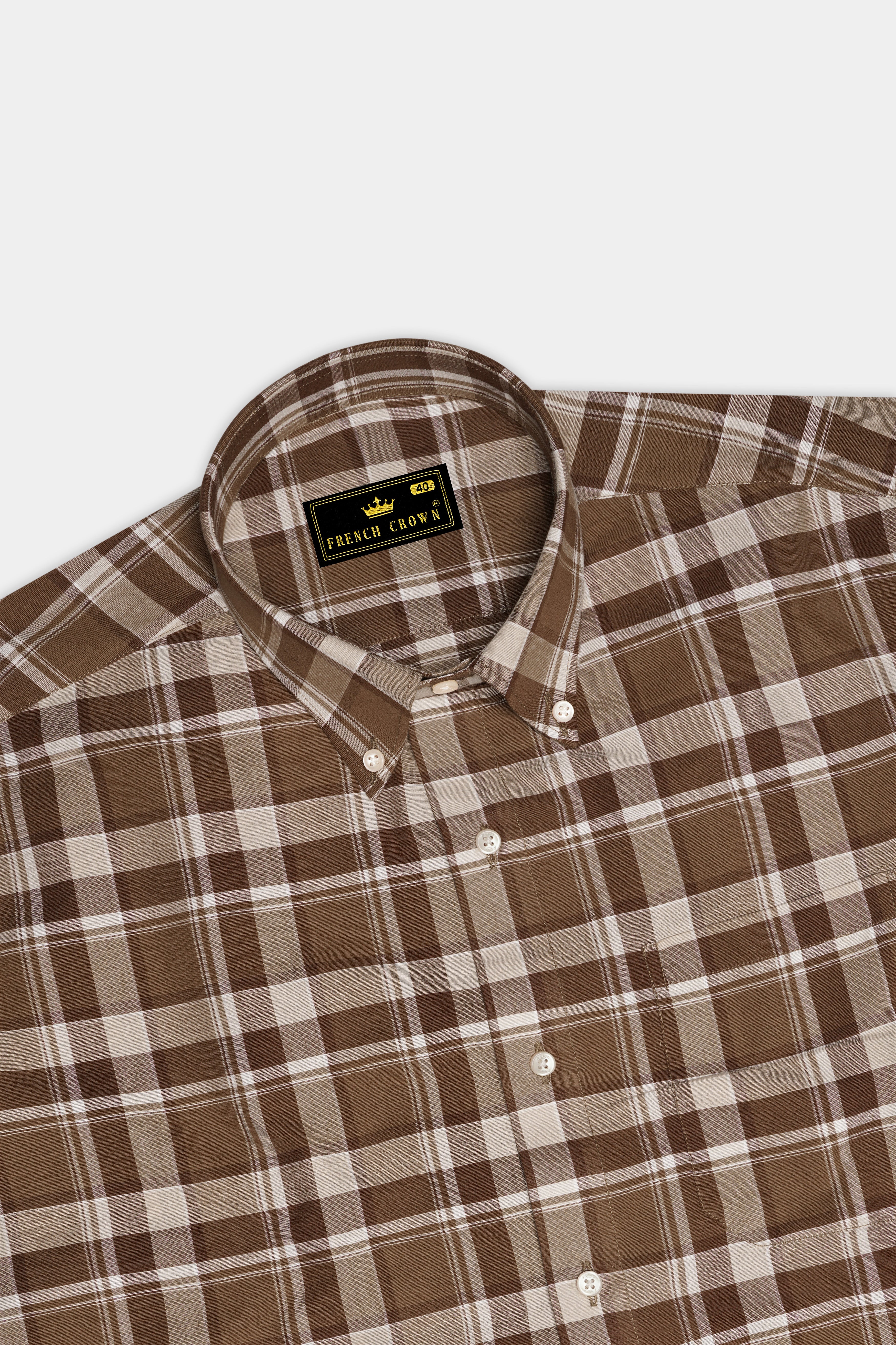 Spice Brown and White Plaid Chambray Button-Down Shirt
