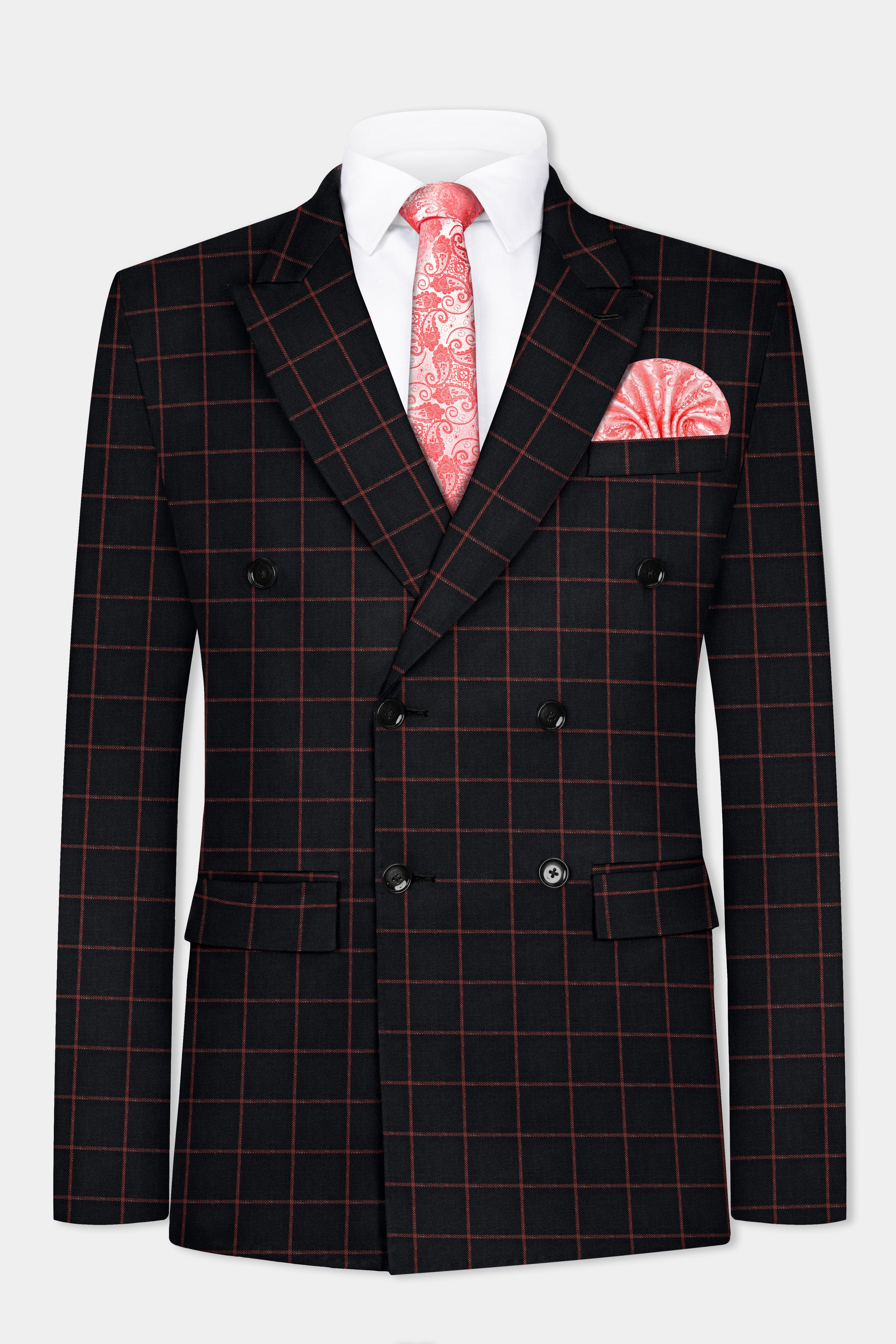 Moccaccino Brown Windowpane Double Breasted Tweed Blazer