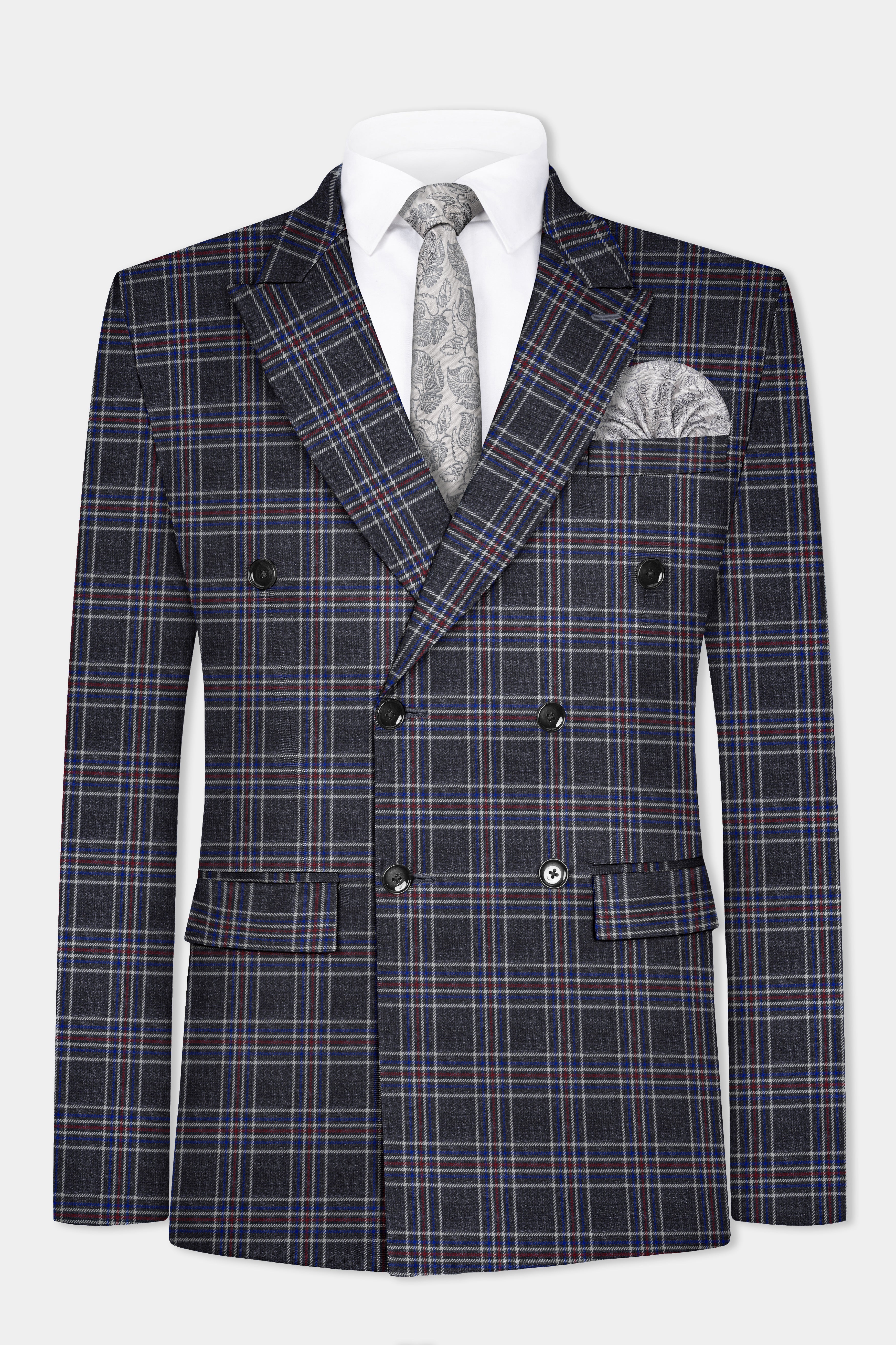 Tuatara Gray Multicolour Plaid Double Breasted Tweed Blazer
