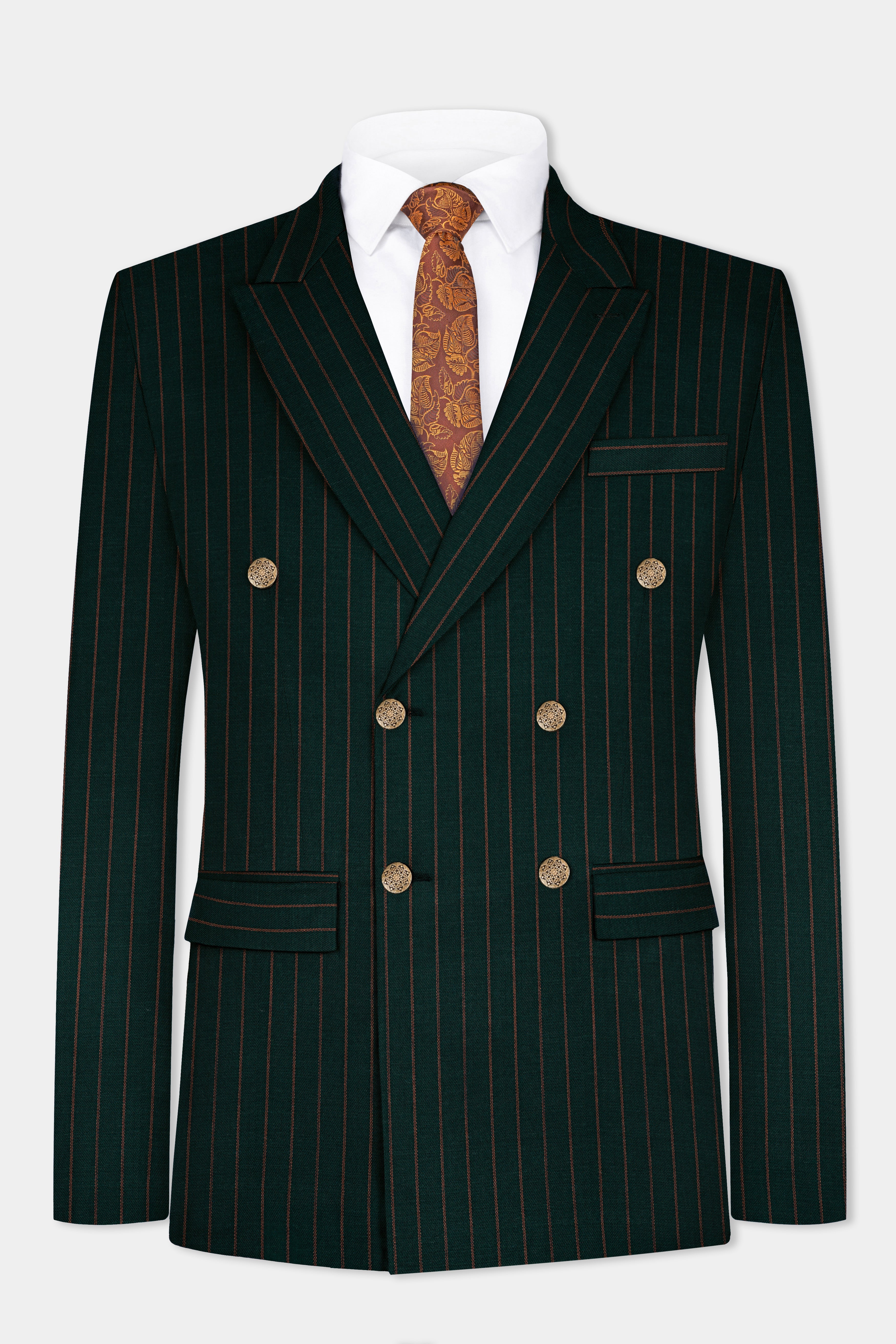 Swamp Green Striped Wool Blend Double Breasted Blazer