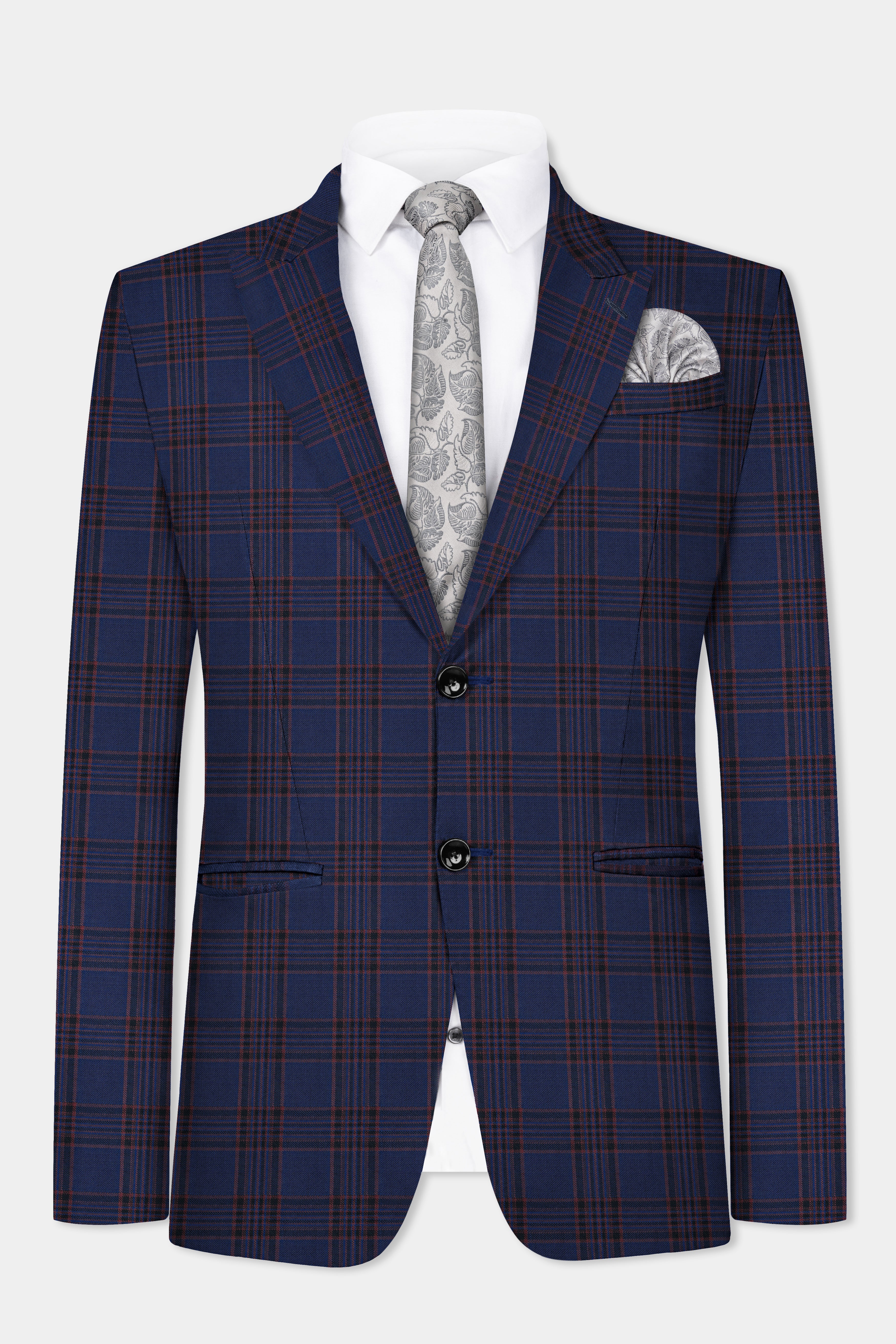 Bunting Blue with Livid Brown Plaid Wool Blend Blazer