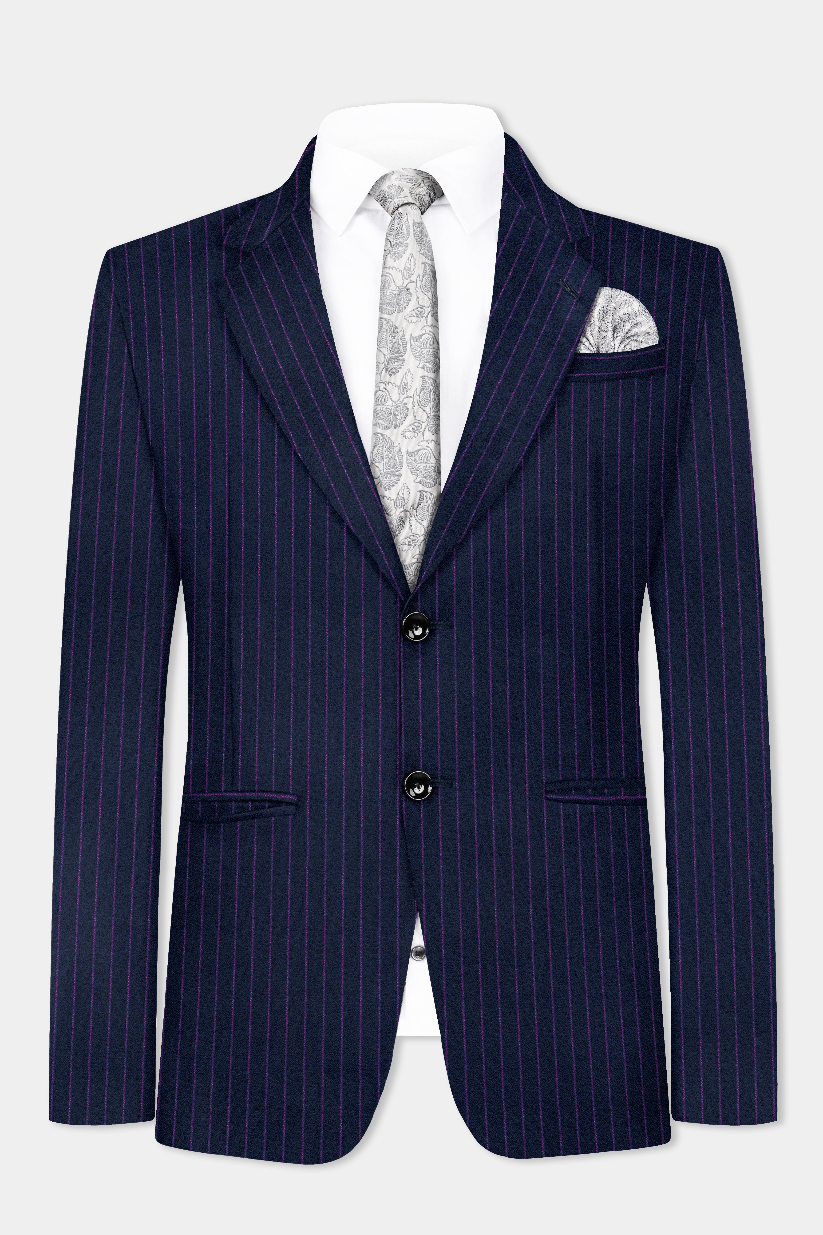 Steel Blue with Grape Purple Striped Wool Blend Blazer