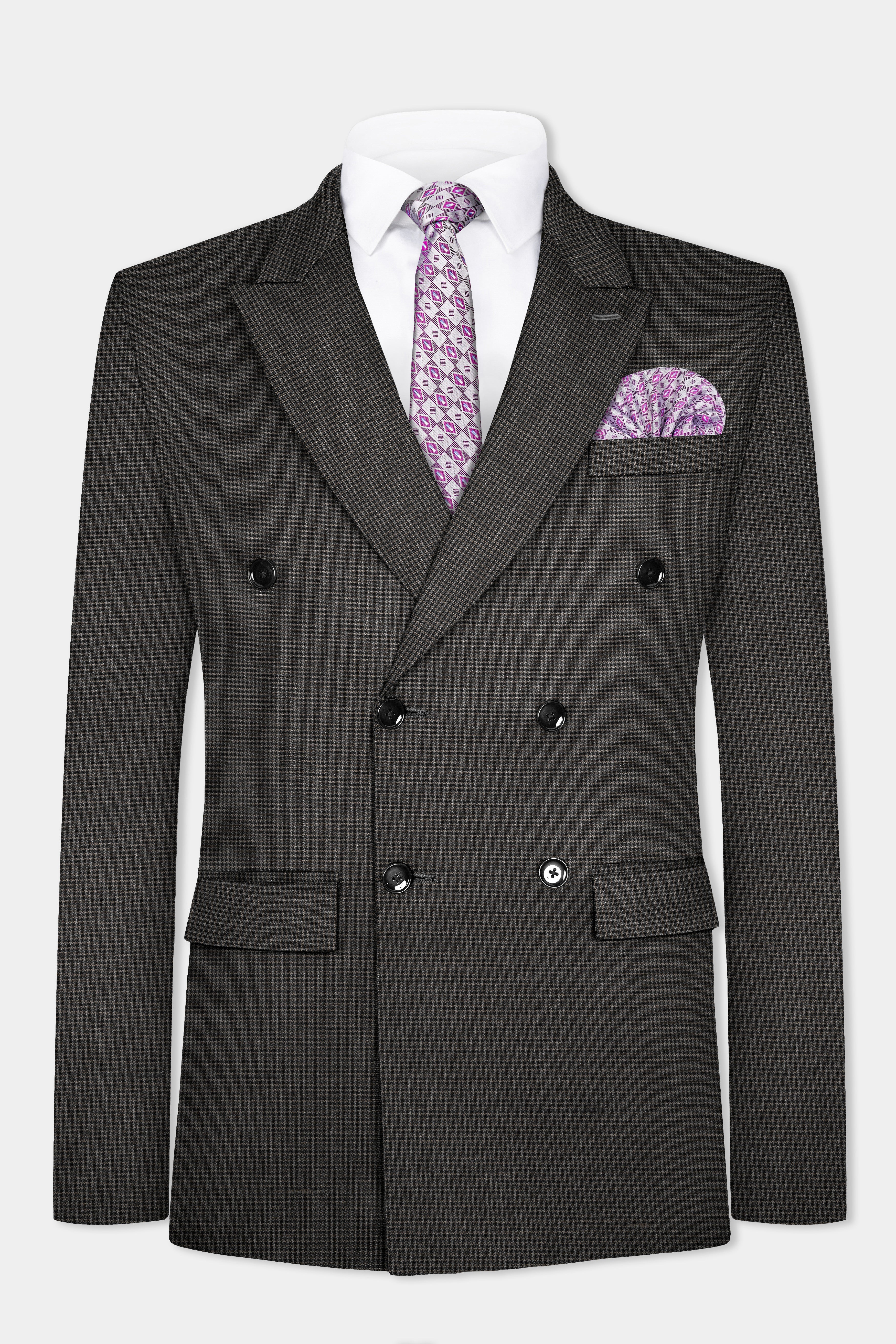 Iridium Brown Micro Checkered Wool Blend Double Breasted Blazer