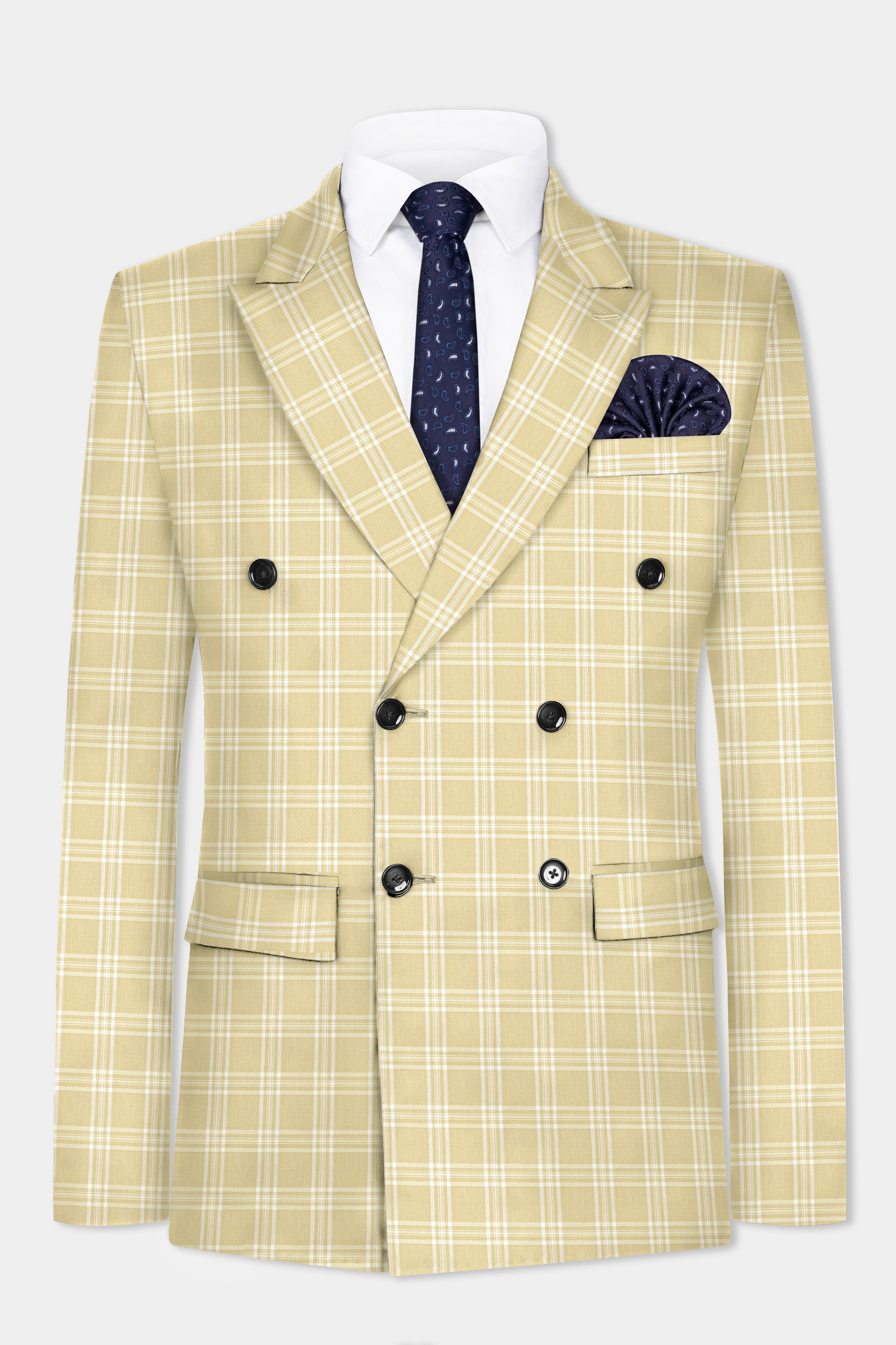 Desert Sand Cream Plaid Wool Blend Double Breasted Blazer