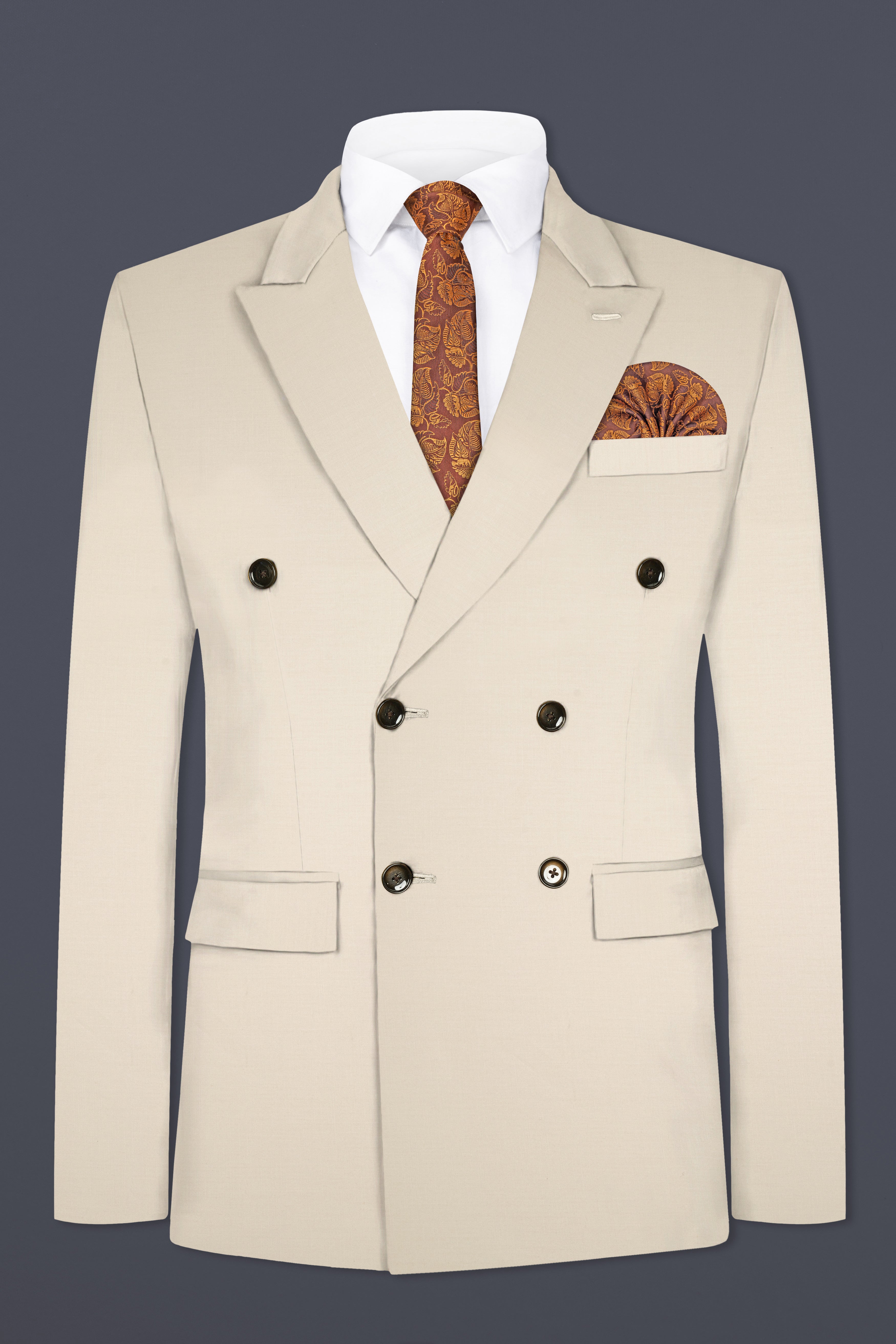 Moon Mist Cream Solid Wool Blend Double Breasted Blazer