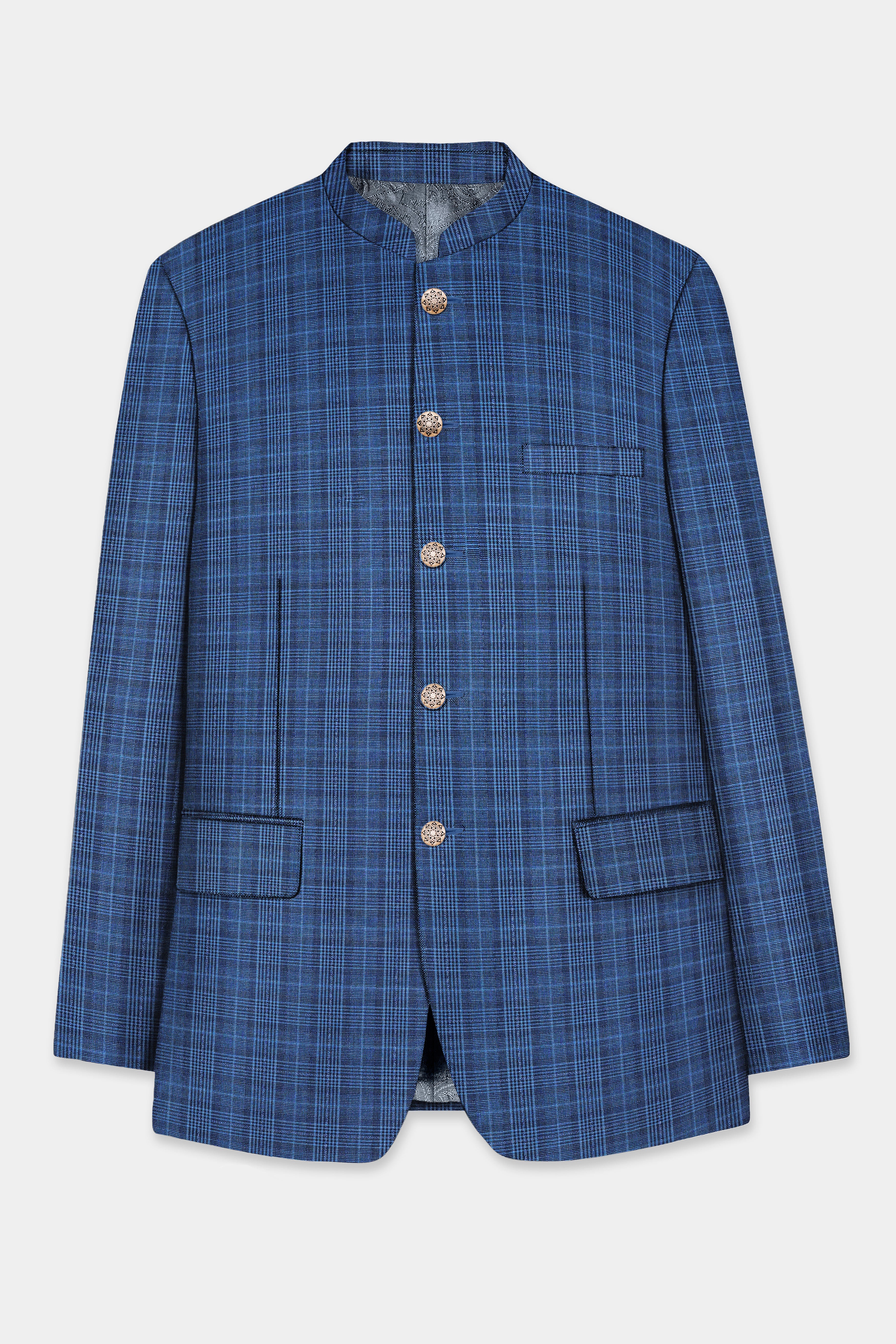 Mid Blue Plaid Wool Rich Bandhgala Blazer