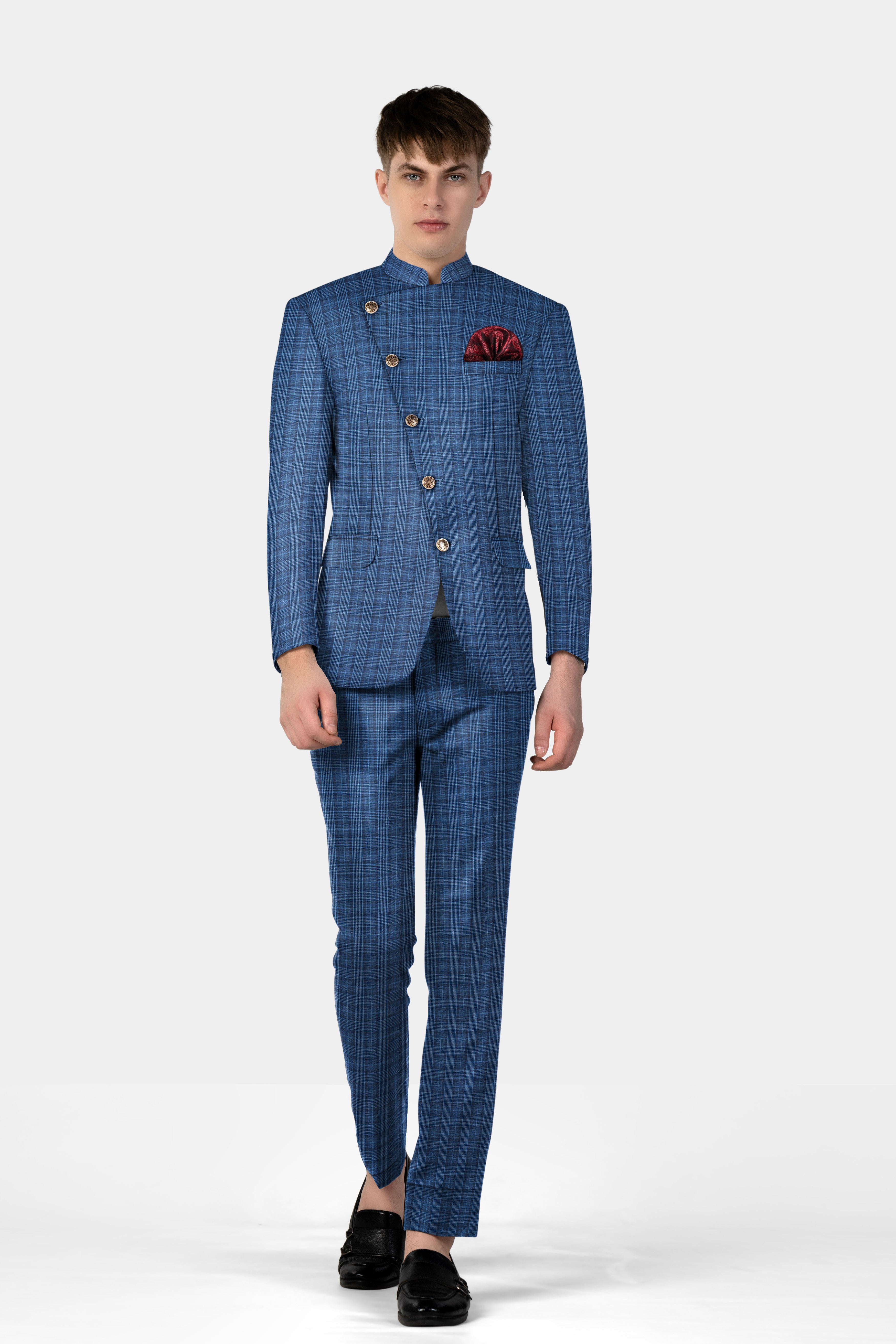 Mid Blue Plaid Wool Rich Cross Placket Bandhgala Blazer