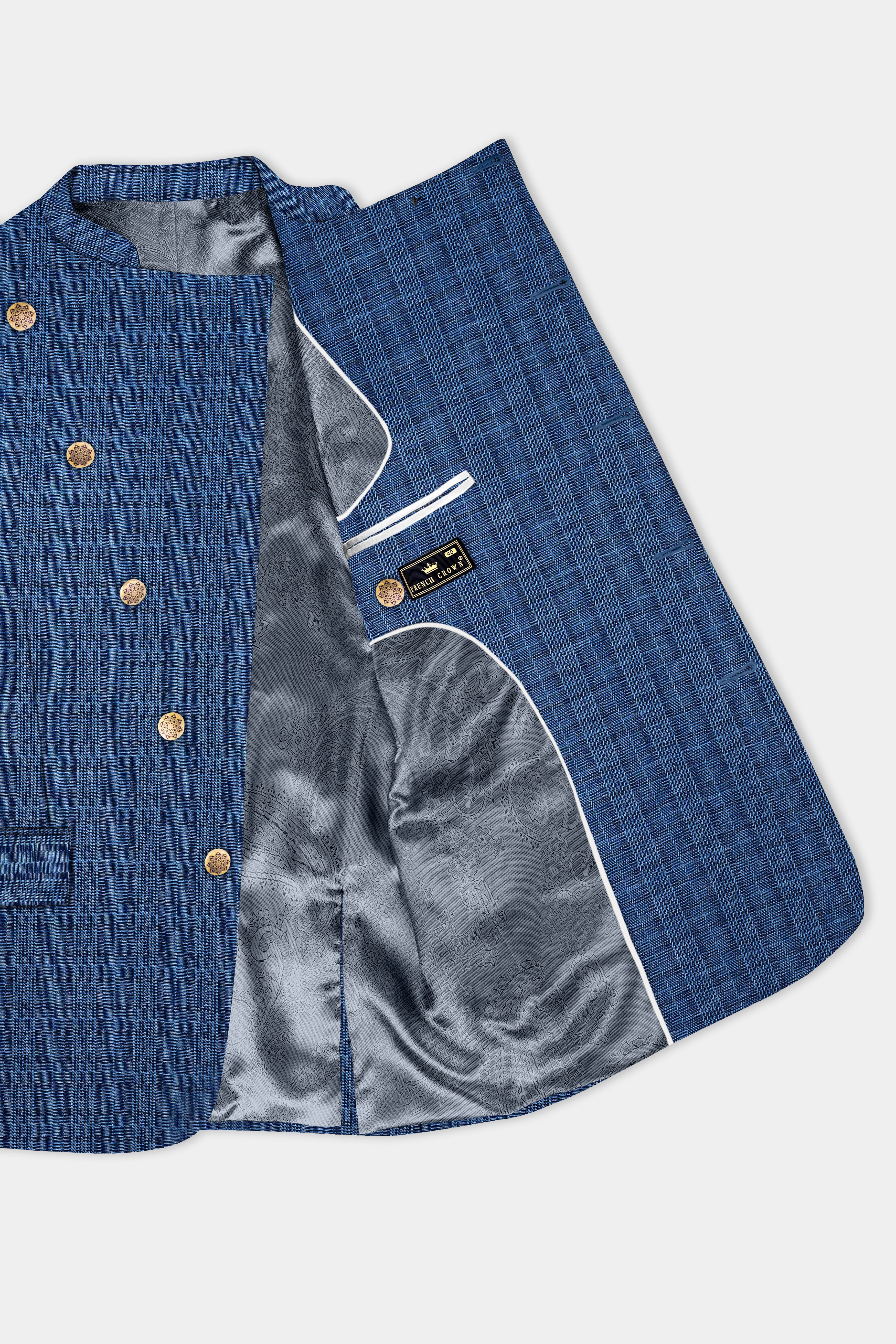 Mid Blue Plaid Wool Rich Cross Placket Bandhgala Blazer