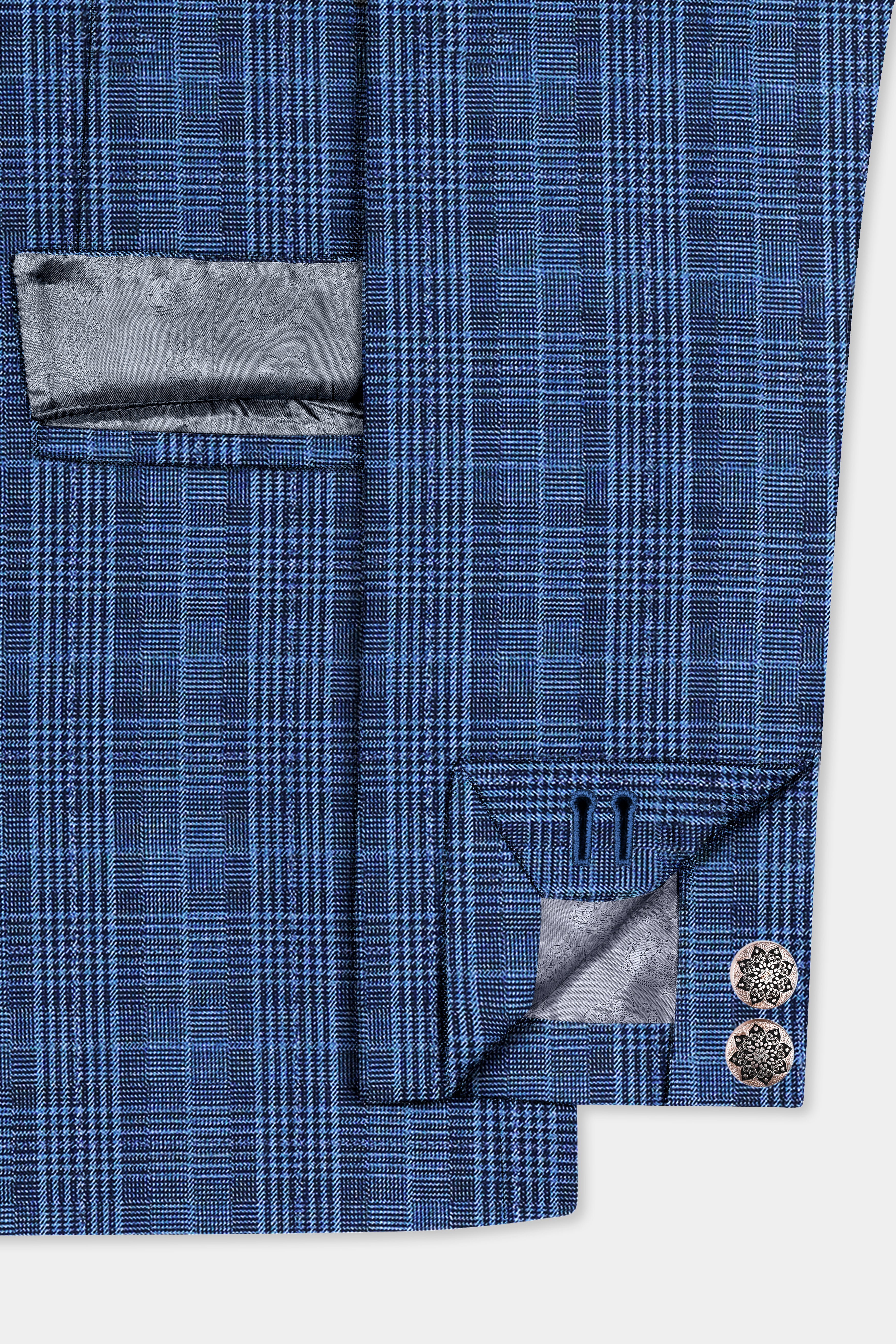 Mid Blue Plaid Wool Rich Cross Placket Bandhgala Blazer