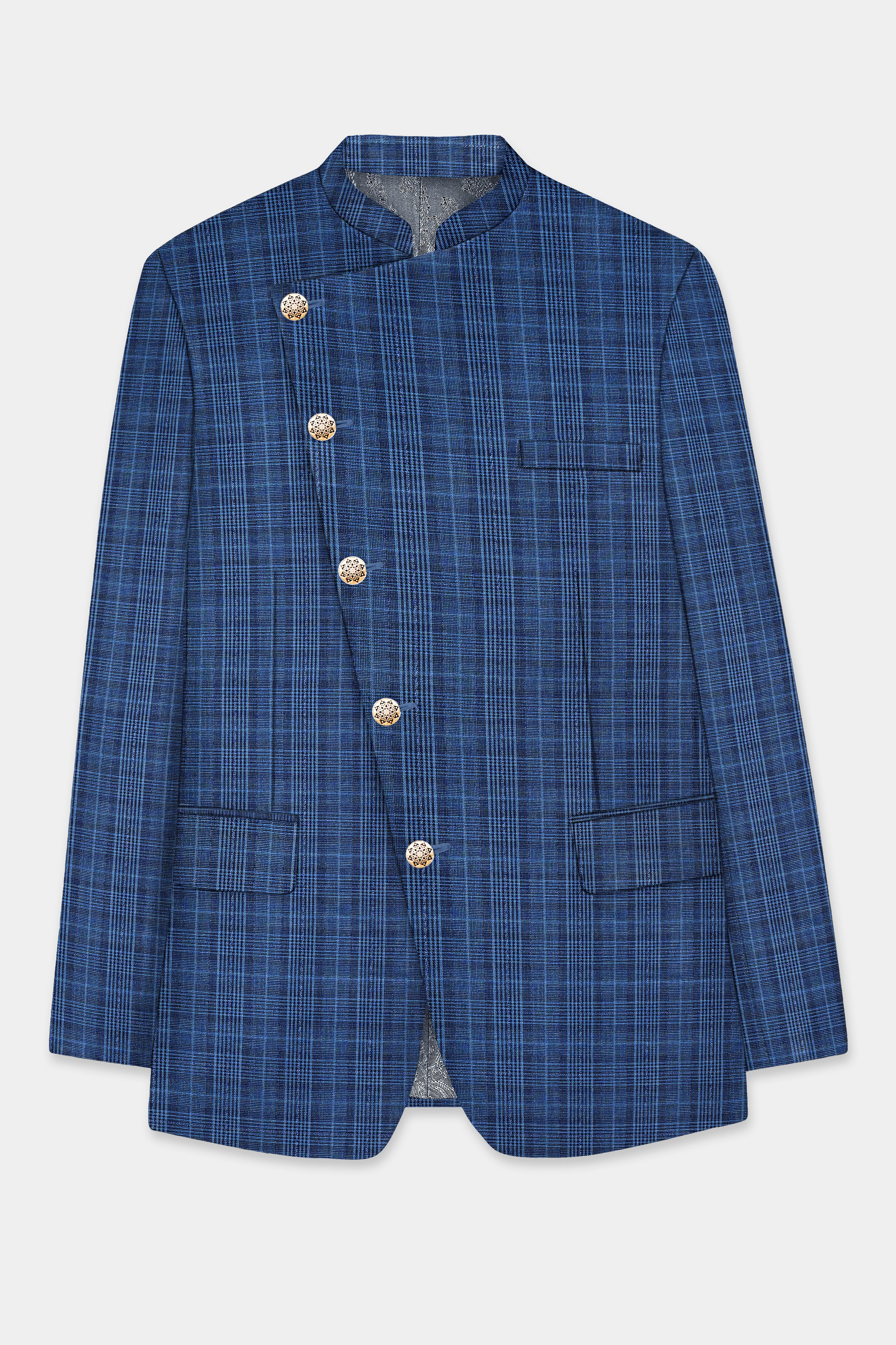 Mid Blue Plaid Wool Rich Cross Placket Bandhgala Blazer