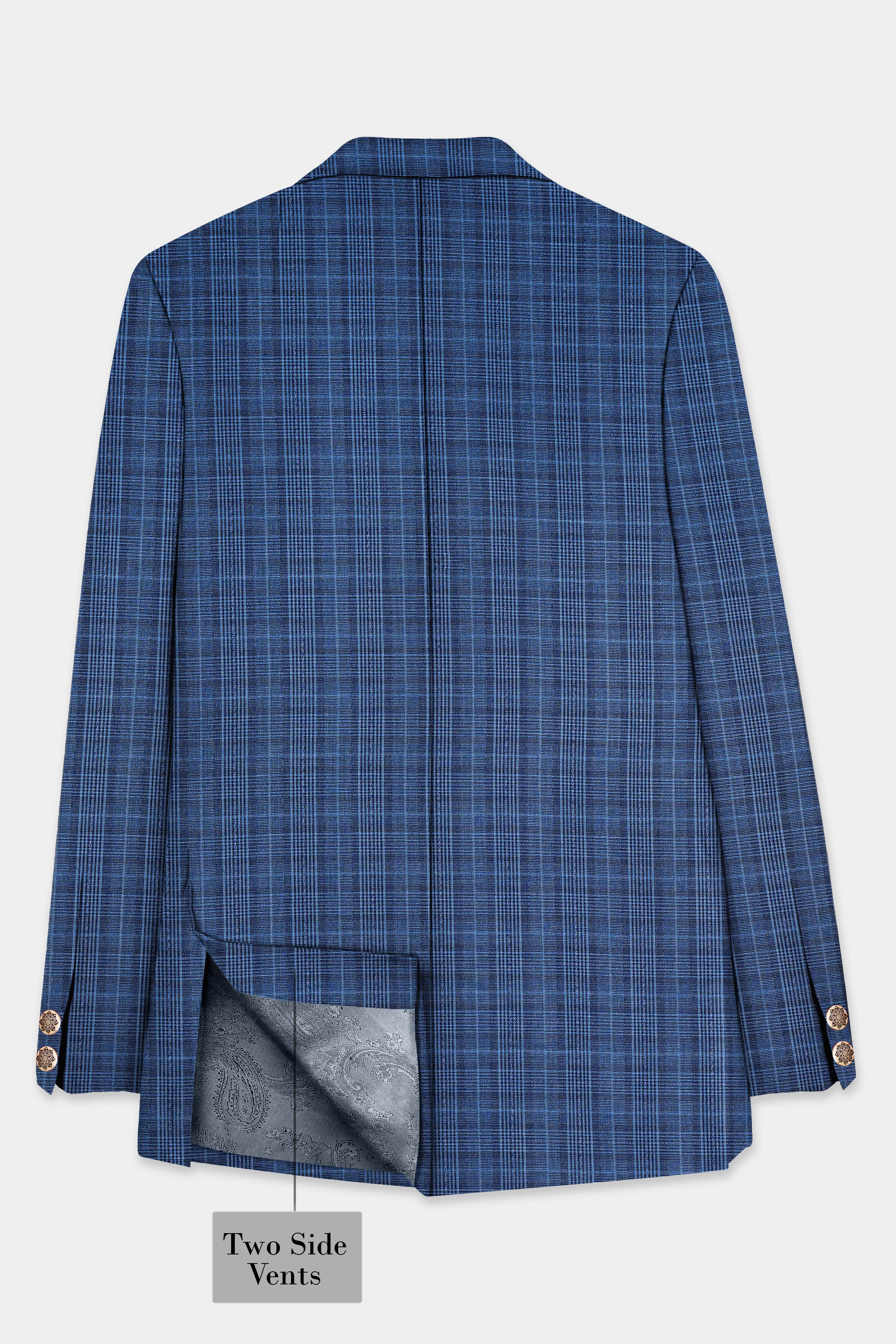 Mid Blue Plaid Wool Rich Cross Placket Bandhgala Blazer