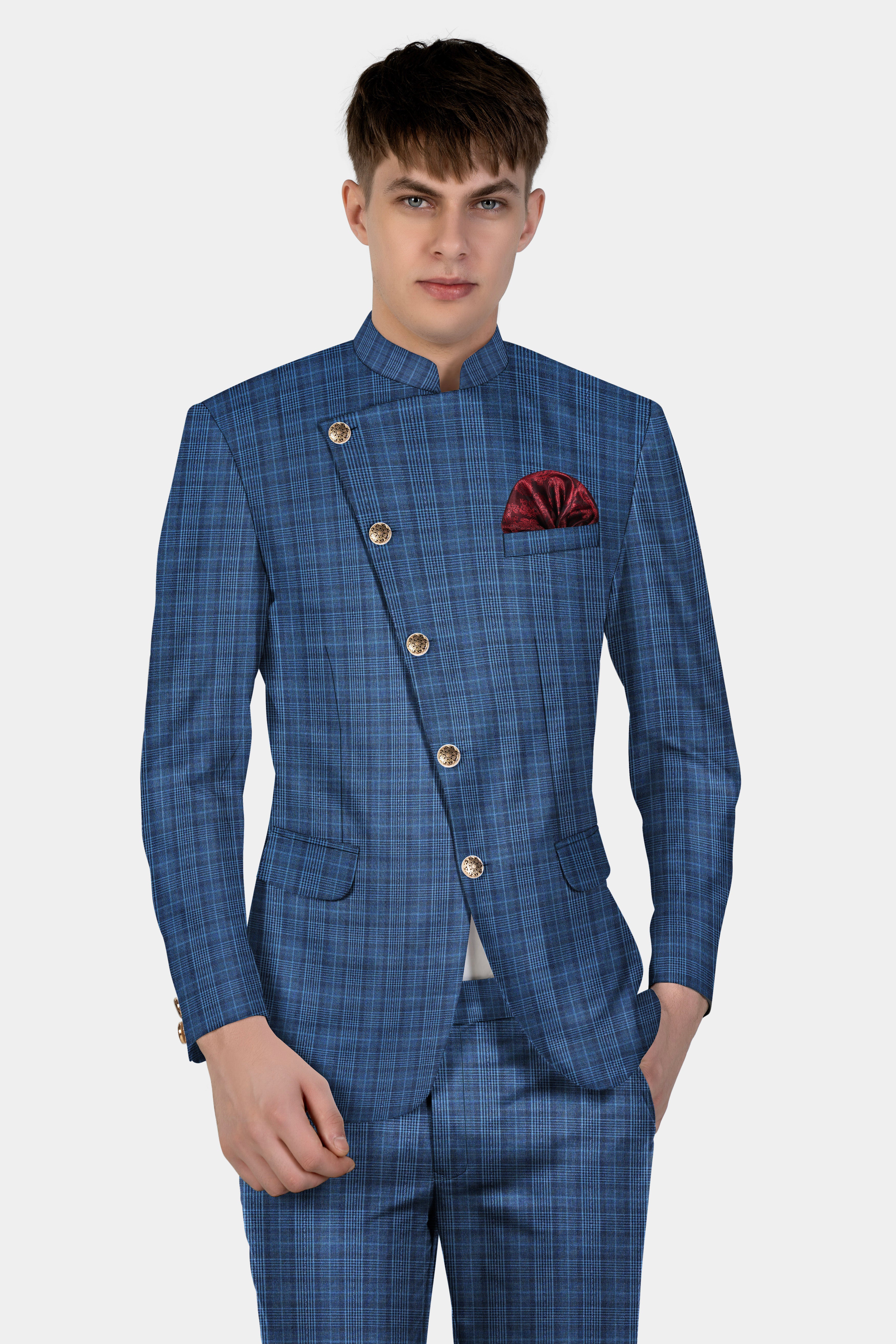 Mid Blue Plaid Wool Rich Cross Placket Bandhgala Blazer