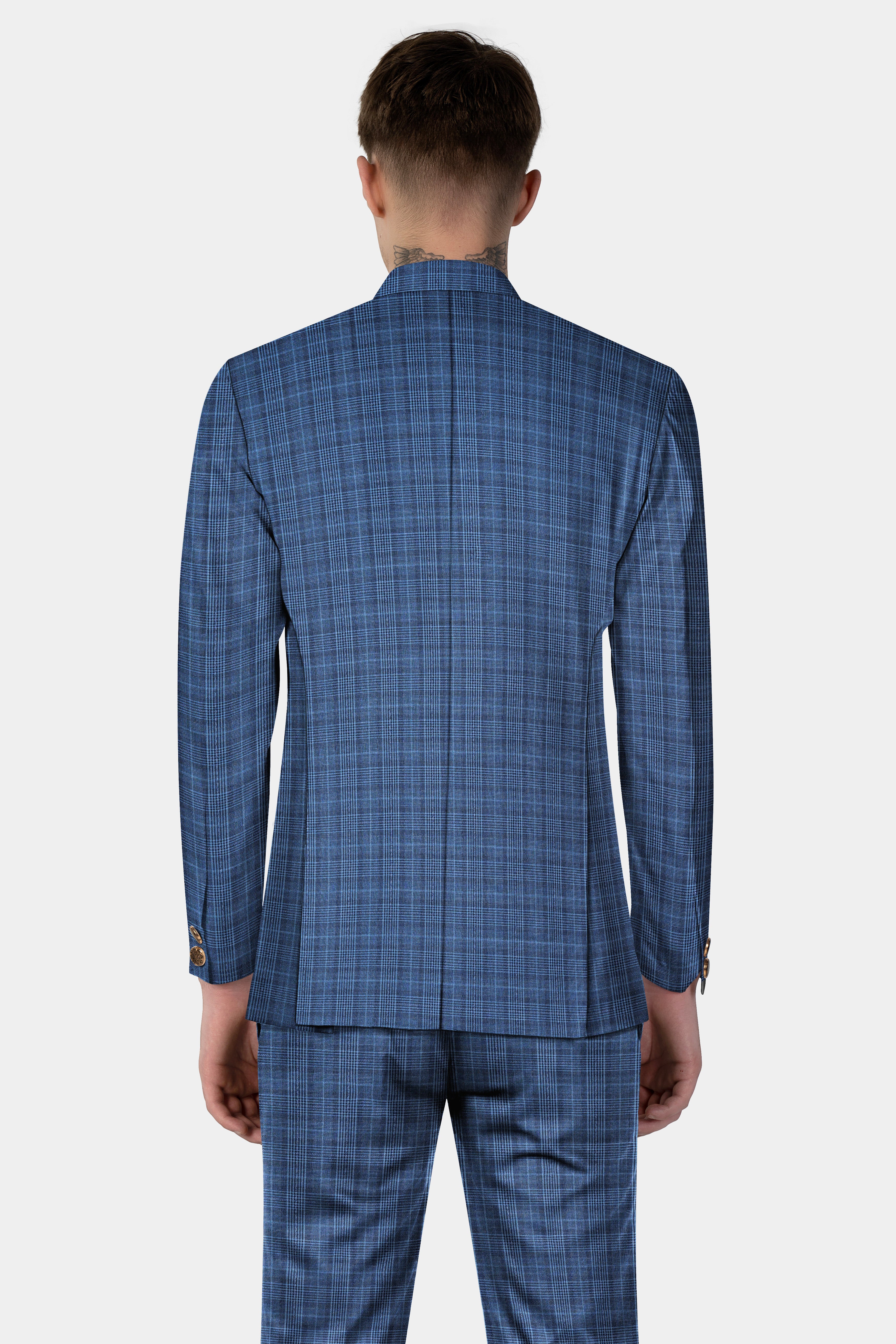 Mid Blue Plaid Wool Rich Cross Placket Bandhgala Blazer