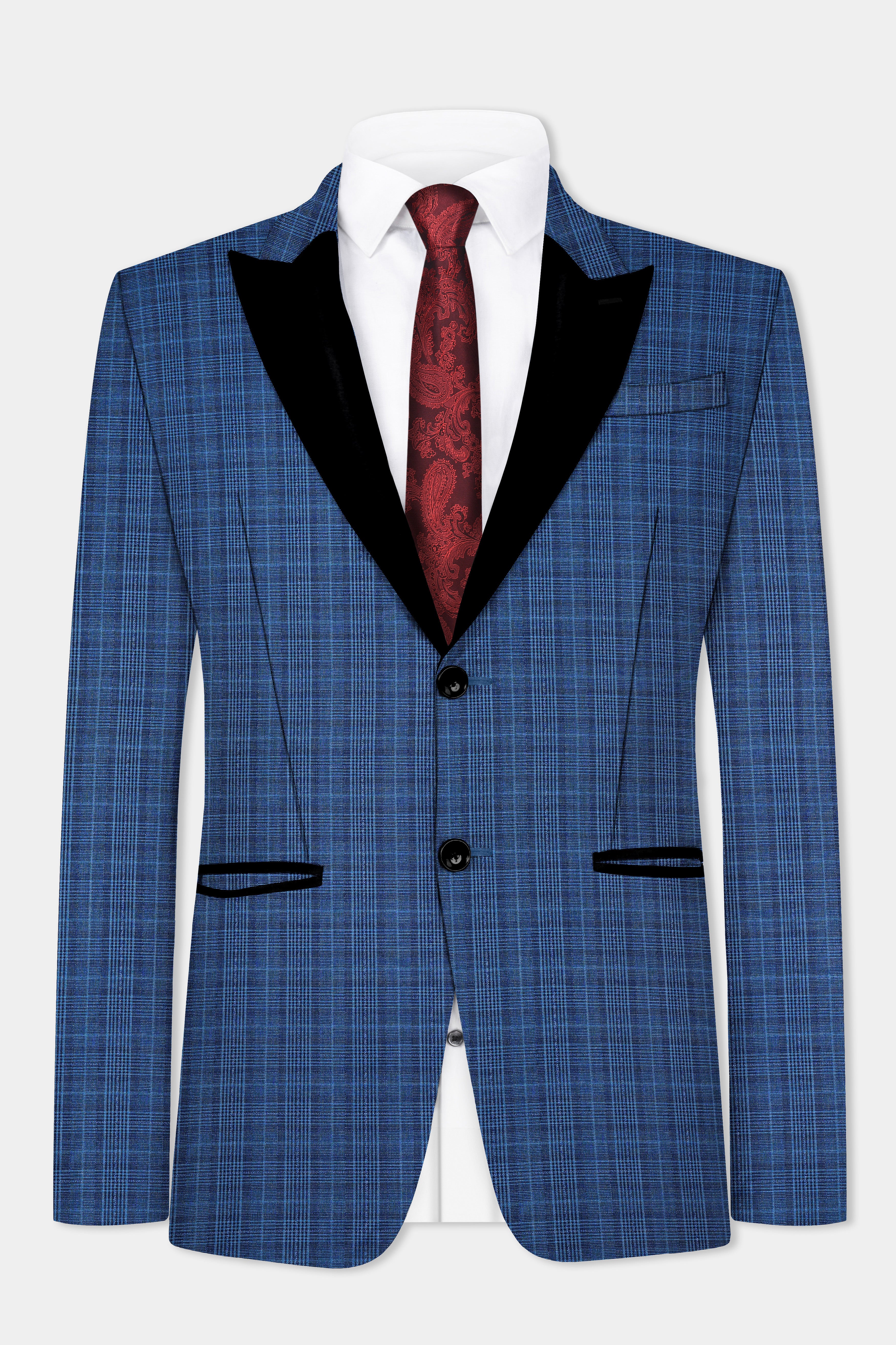 Mid Blue Plaid Wool Rich Peak Lapel Tuxedo Blazer
