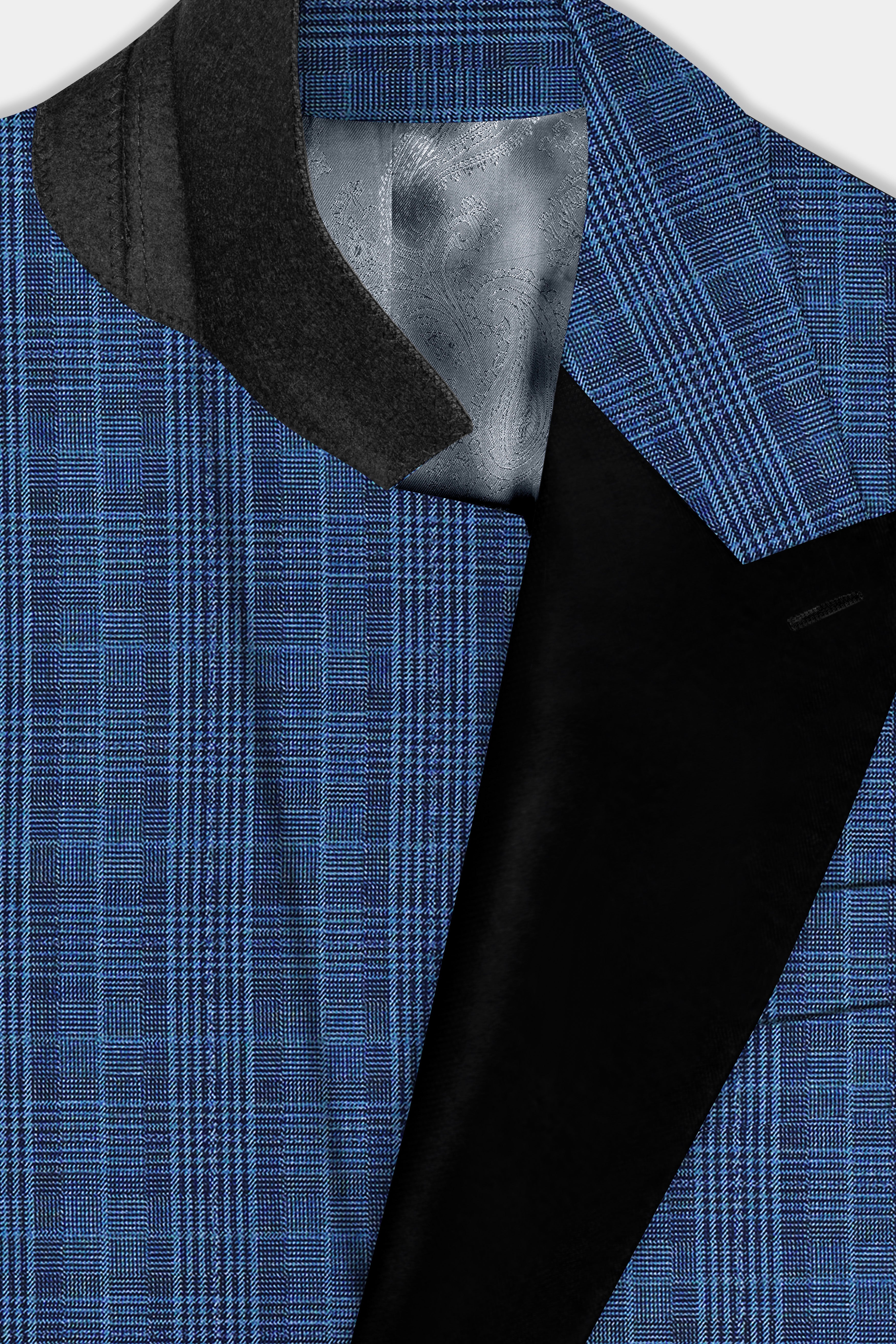 Mid Blue Plaid Wool Rich Peak Lapel Tuxedo Blazer