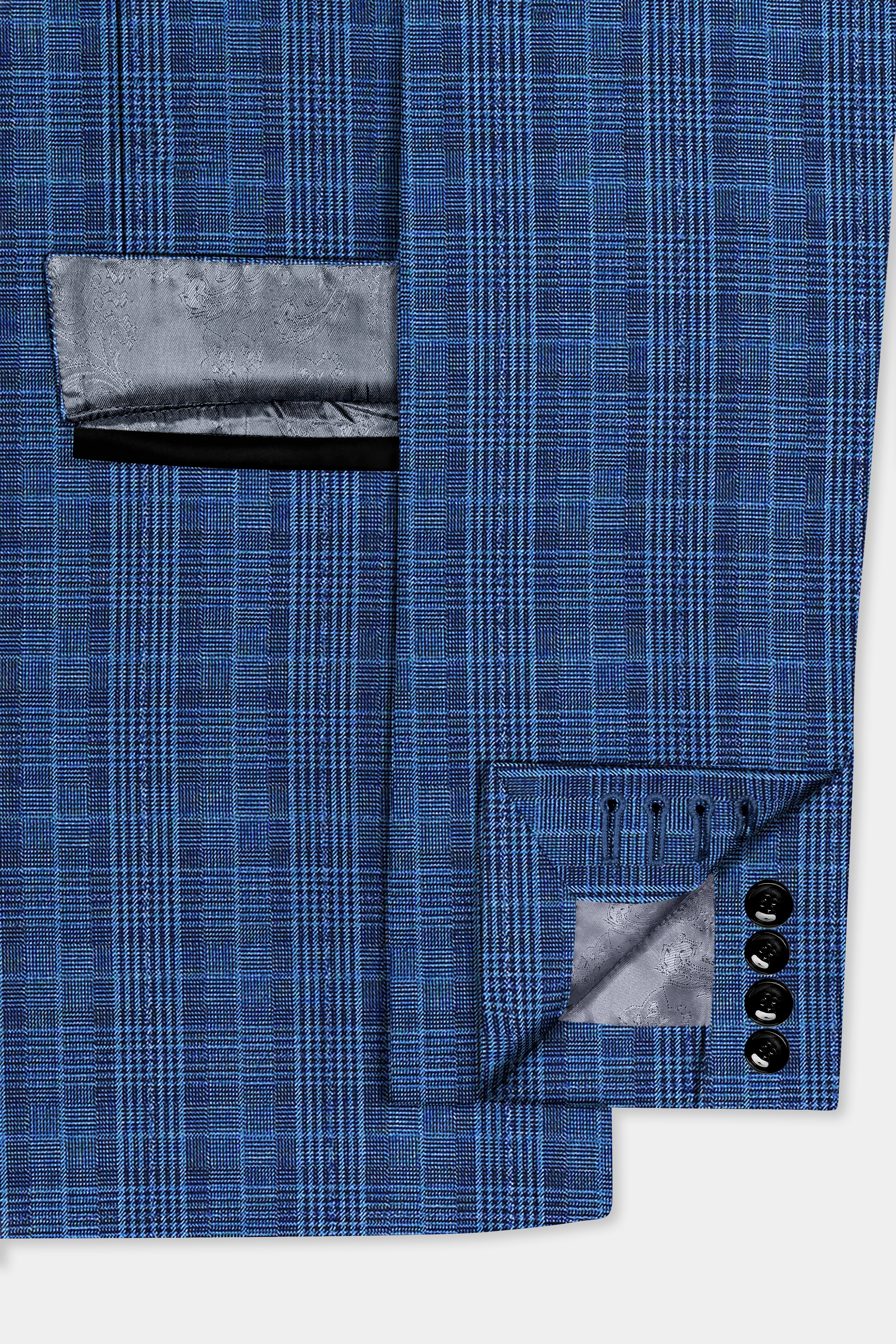 Mid Blue Plaid Wool Rich Peak Lapel Tuxedo Blazer