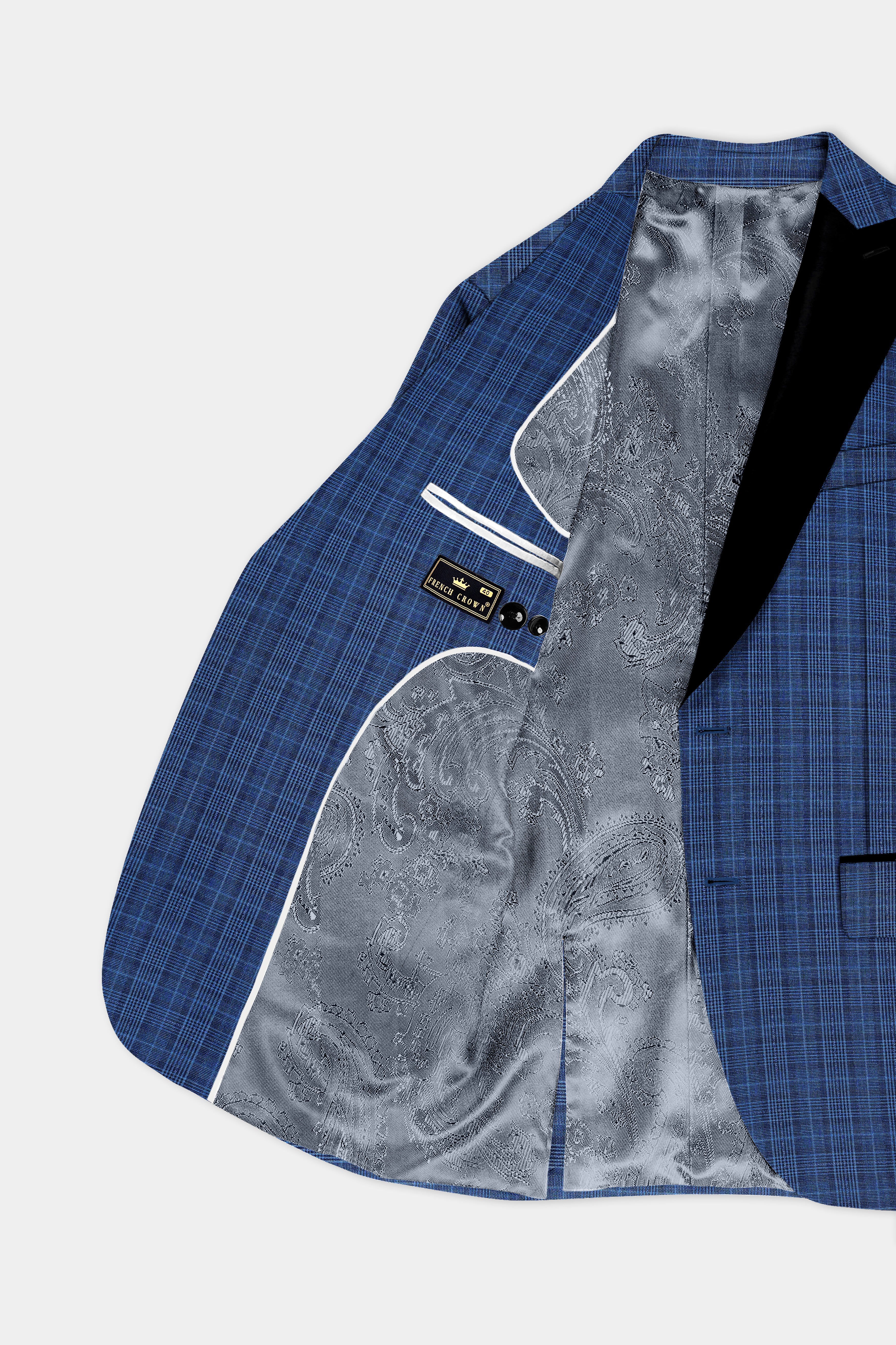 Mid Blue Plaid Wool Rich Peak Lapel Tuxedo Blazer