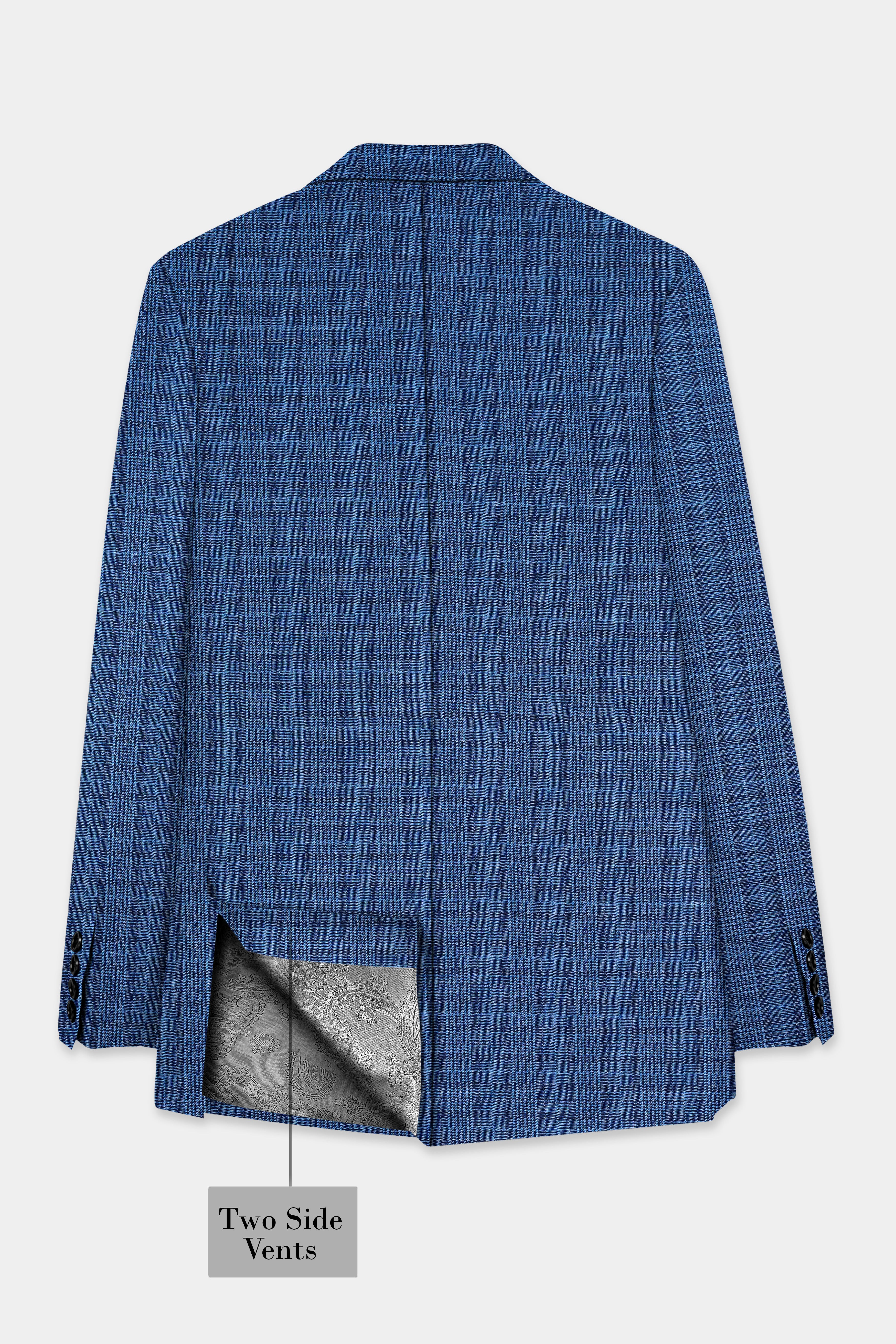 Mid Blue Plaid Wool Rich Peak Lapel Tuxedo Blazer