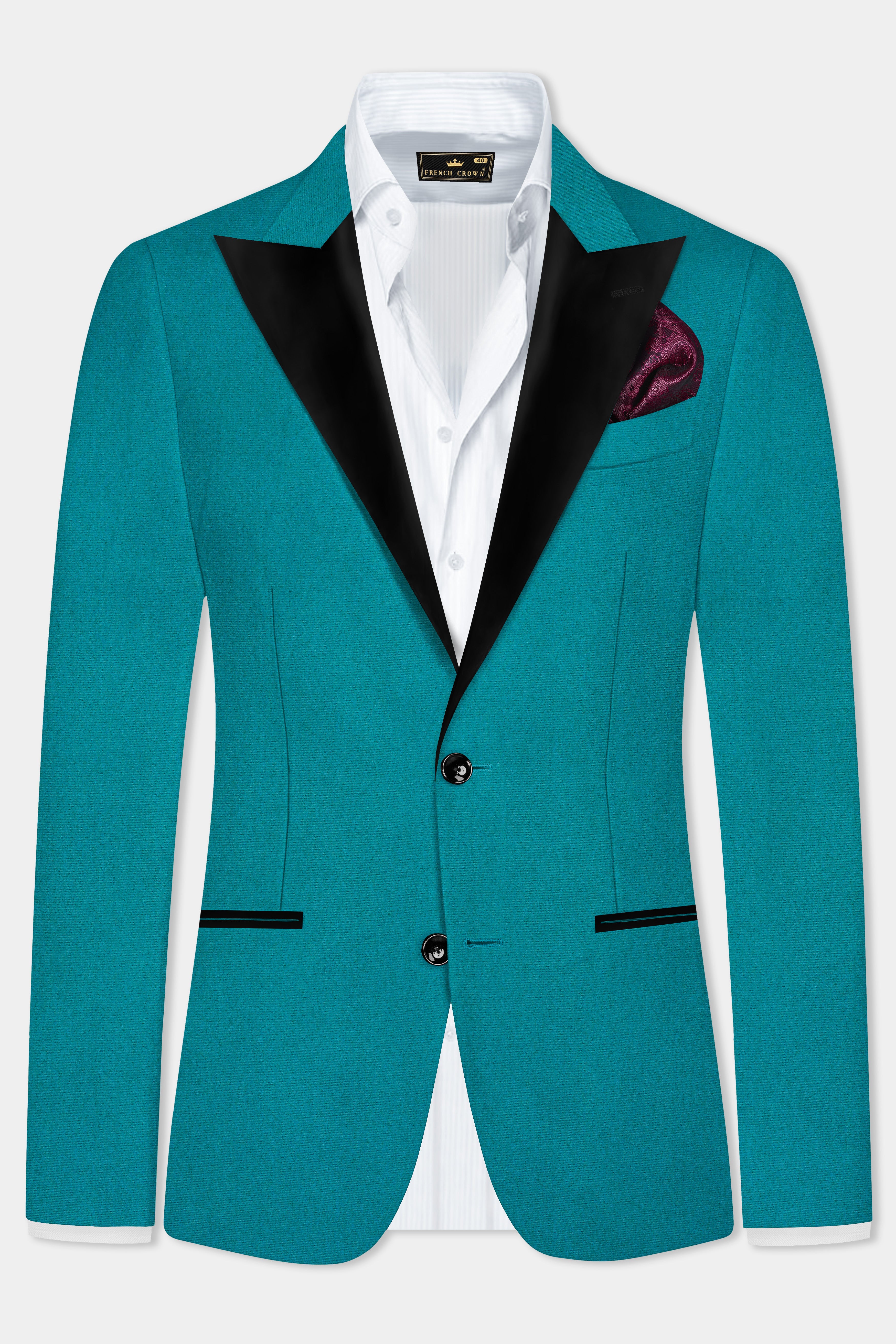 Surfie Green Plain Solid Wool Blend Peak Lapel Tuxedo Blazer