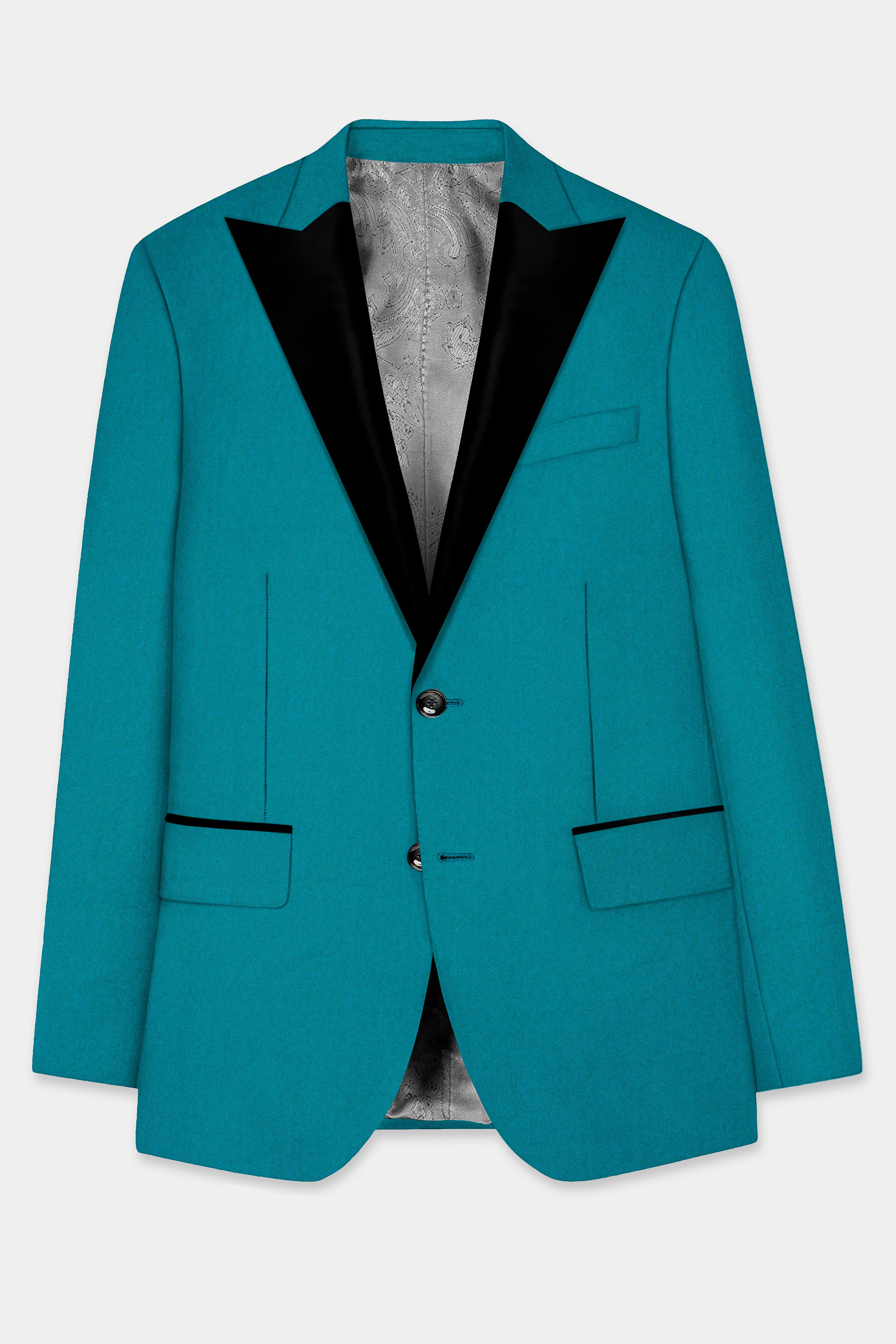 Surfie Green Plain Solid Wool Blend Peak Lapel Tuxedo Blazer