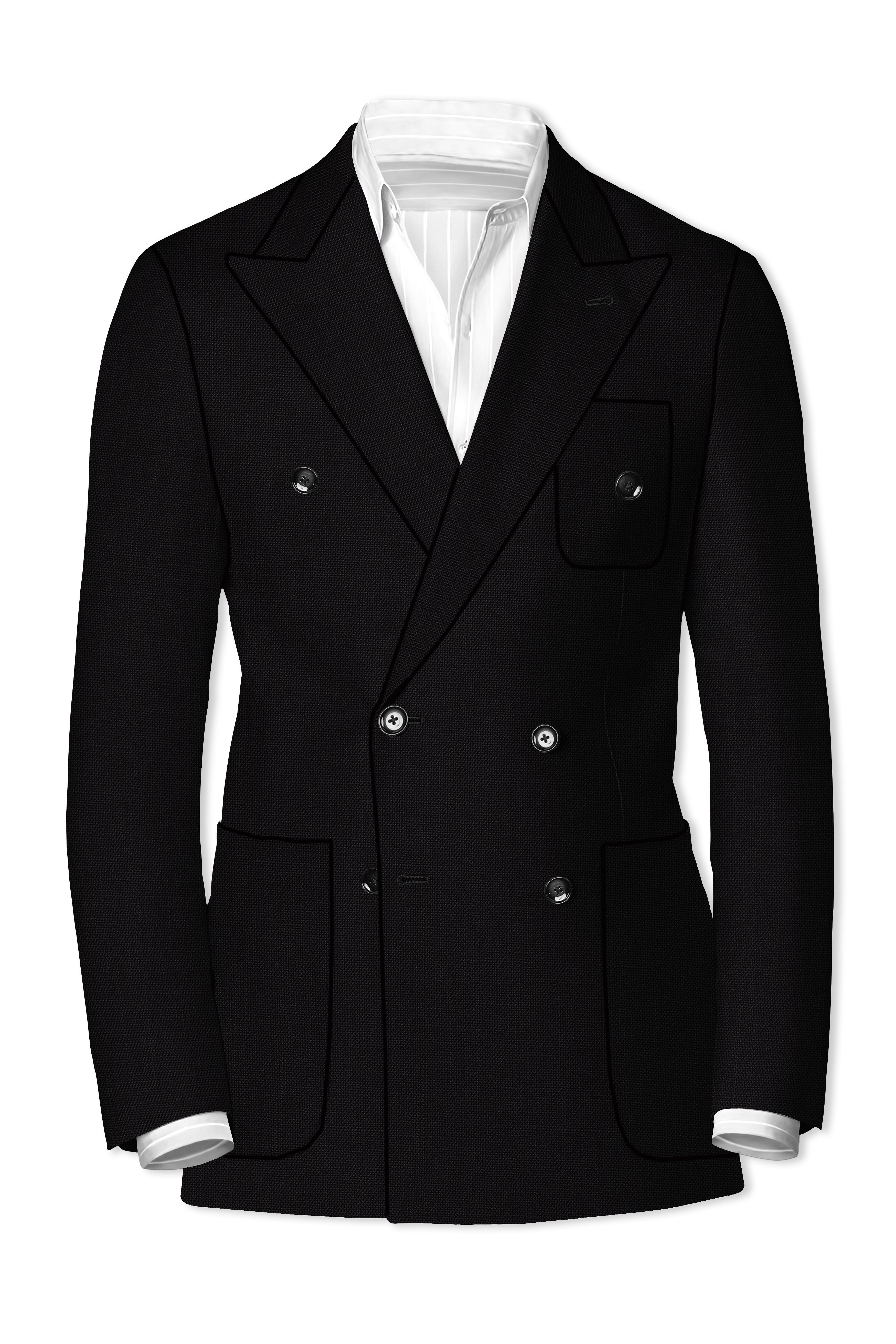 Jet Black Solid Luxurious Linen Double-breasted Sports Blazer