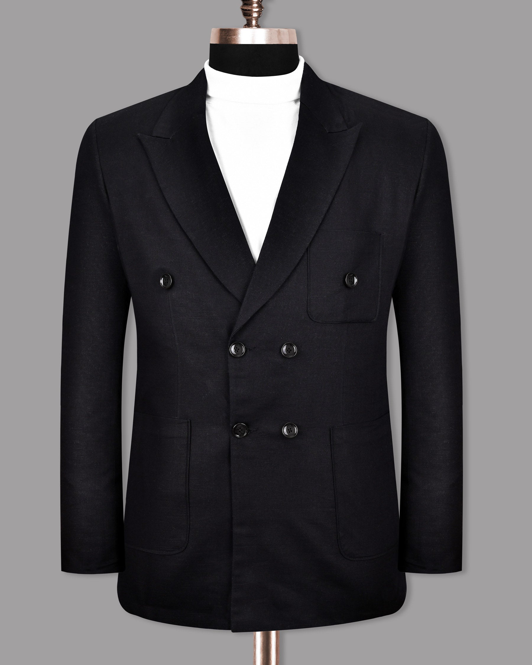 Jade Black Luxurious Linen Double-Breasted Sports Blazer