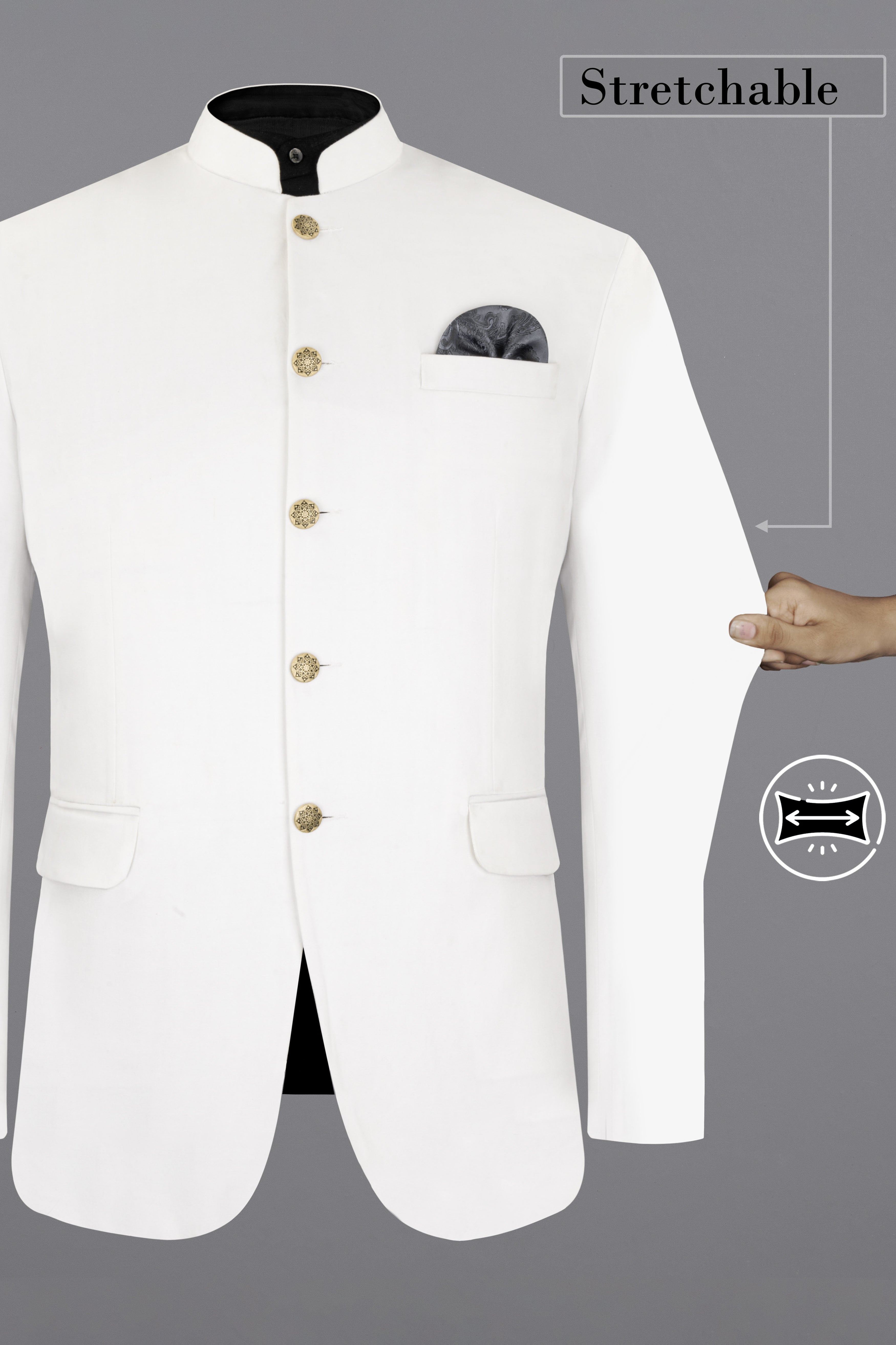 Bright White Solid Stretchable Premium Cotton Bandhgala traveler Blazer