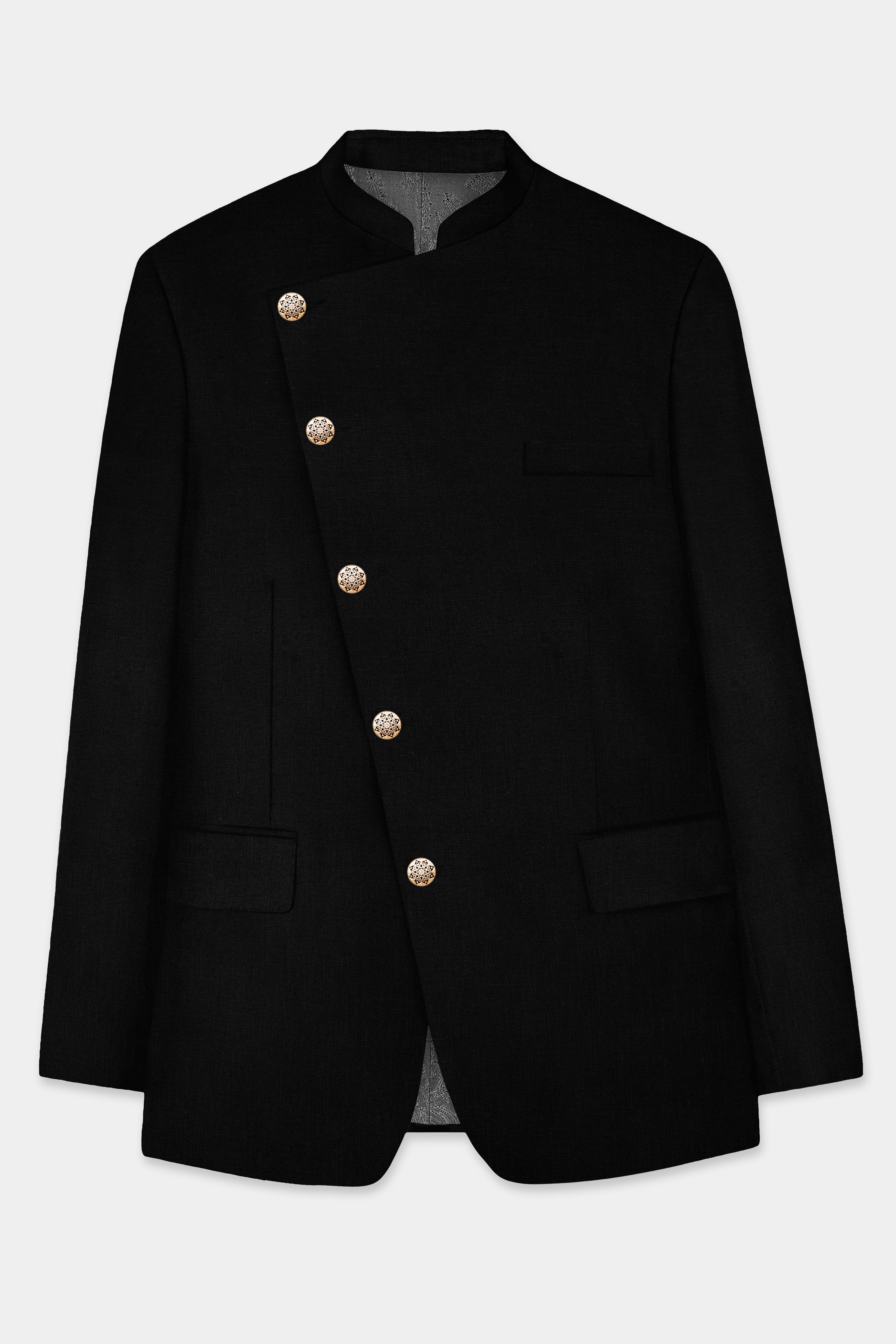 JADE BLACK LUXURIOUS CROSS PLACKET BANDHGALA/MANDARIN BLAZER