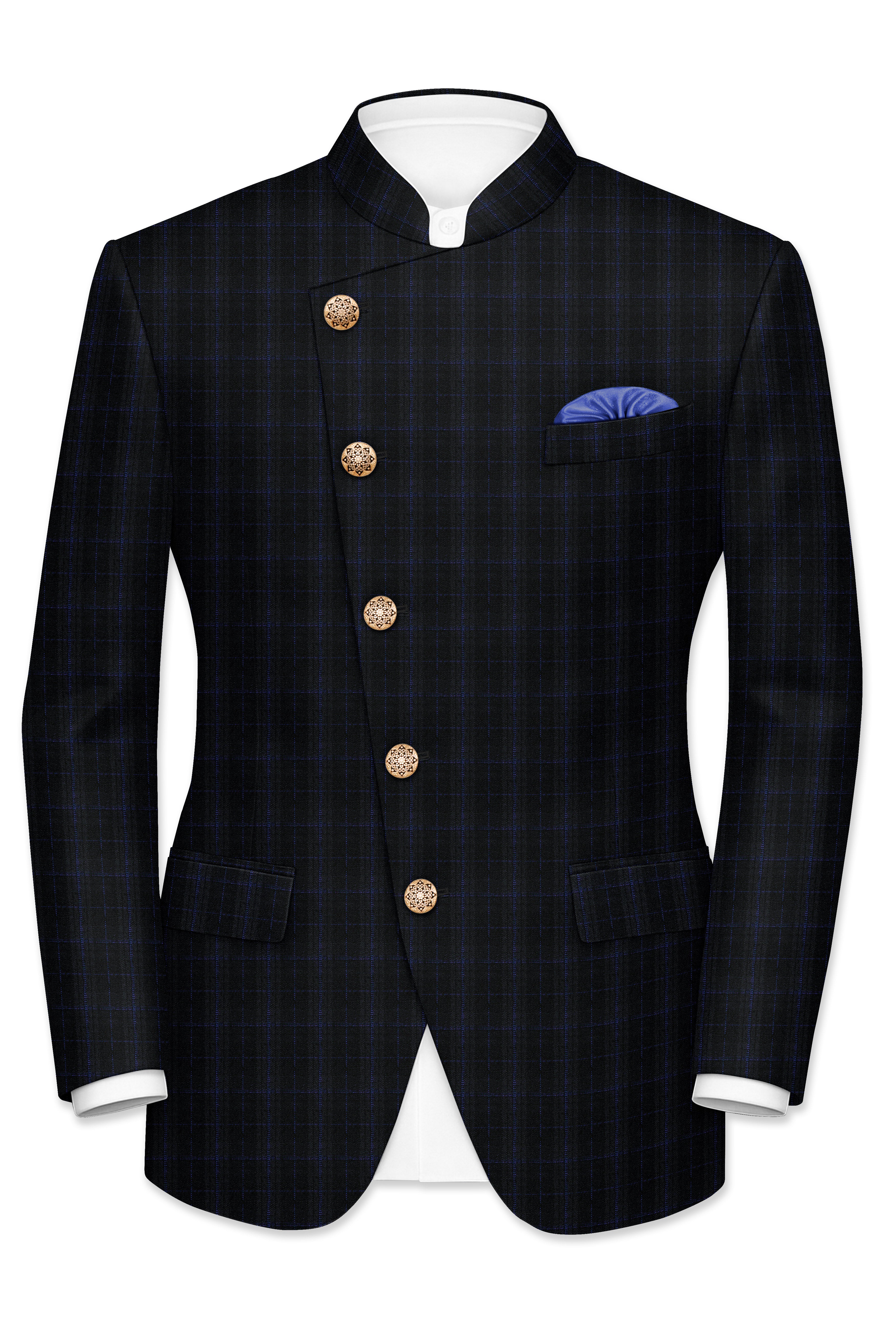 Mine Shaft Black Plaid Cross Placket Bandhgala Wool Rich Blazer