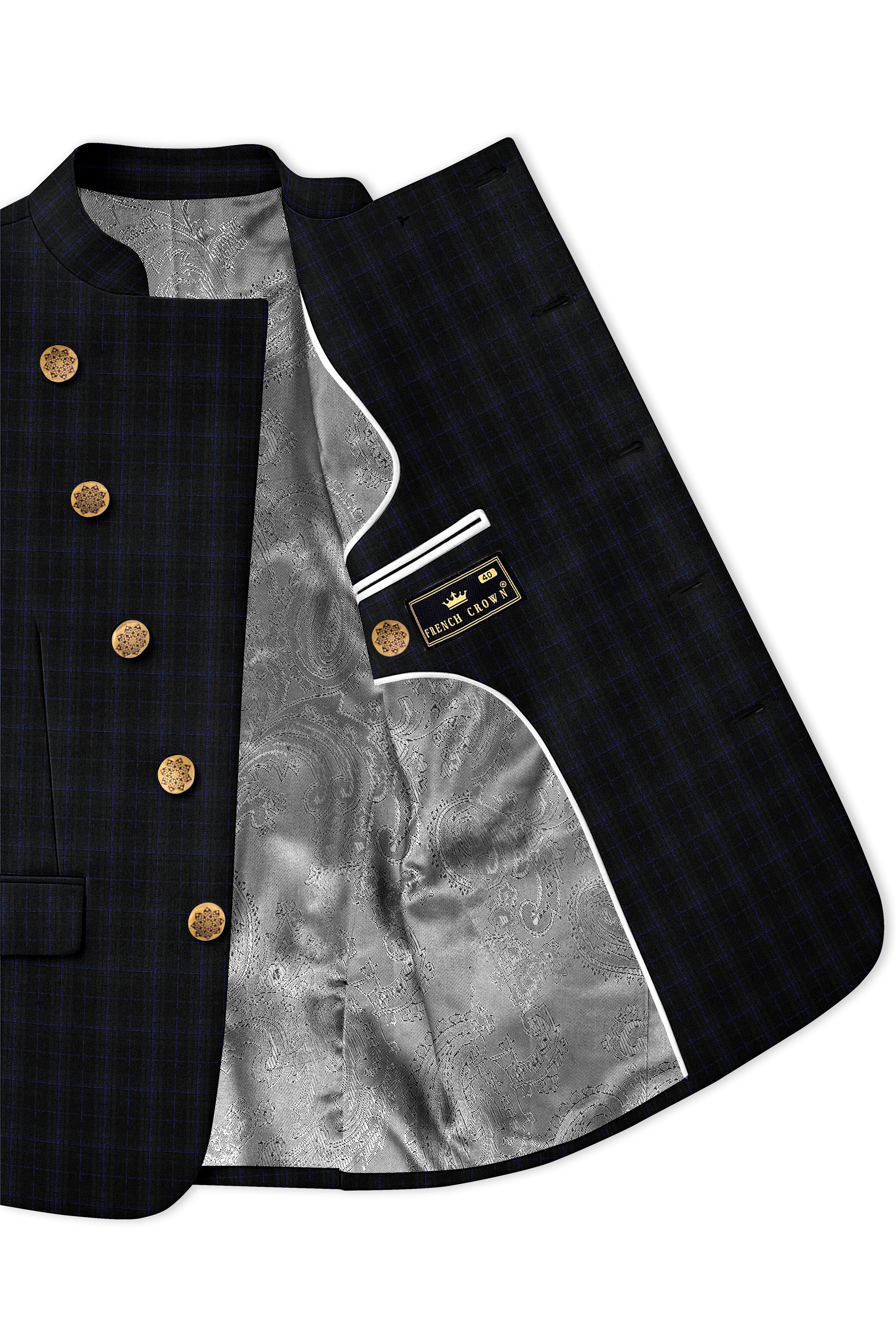 Mine Shaft Black Plaid Cross Placket Bandhgala Wool Rich Blazer