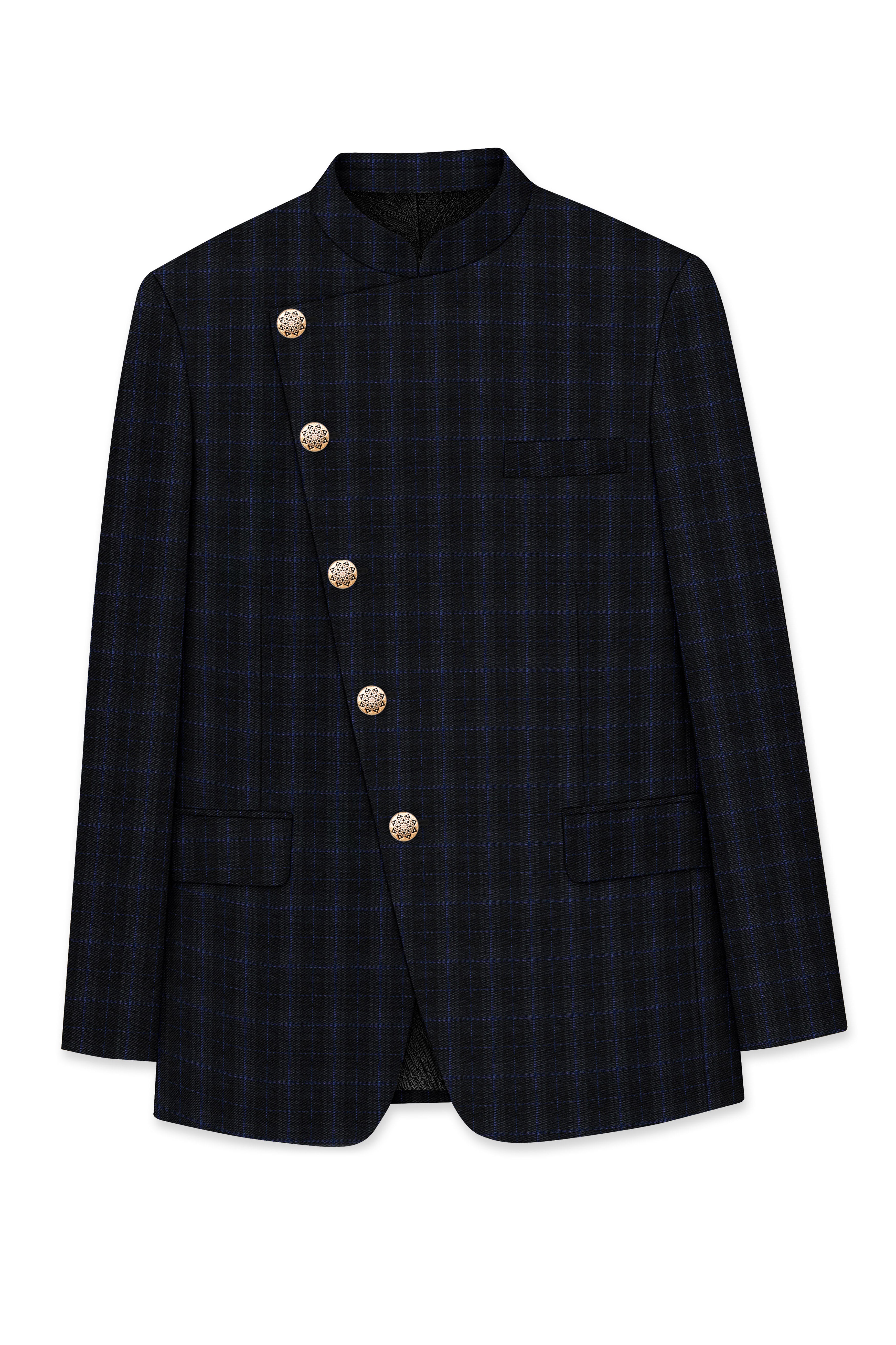 Mine Shaft Black Plaid Cross Placket Bandhgala Wool Rich Blazer