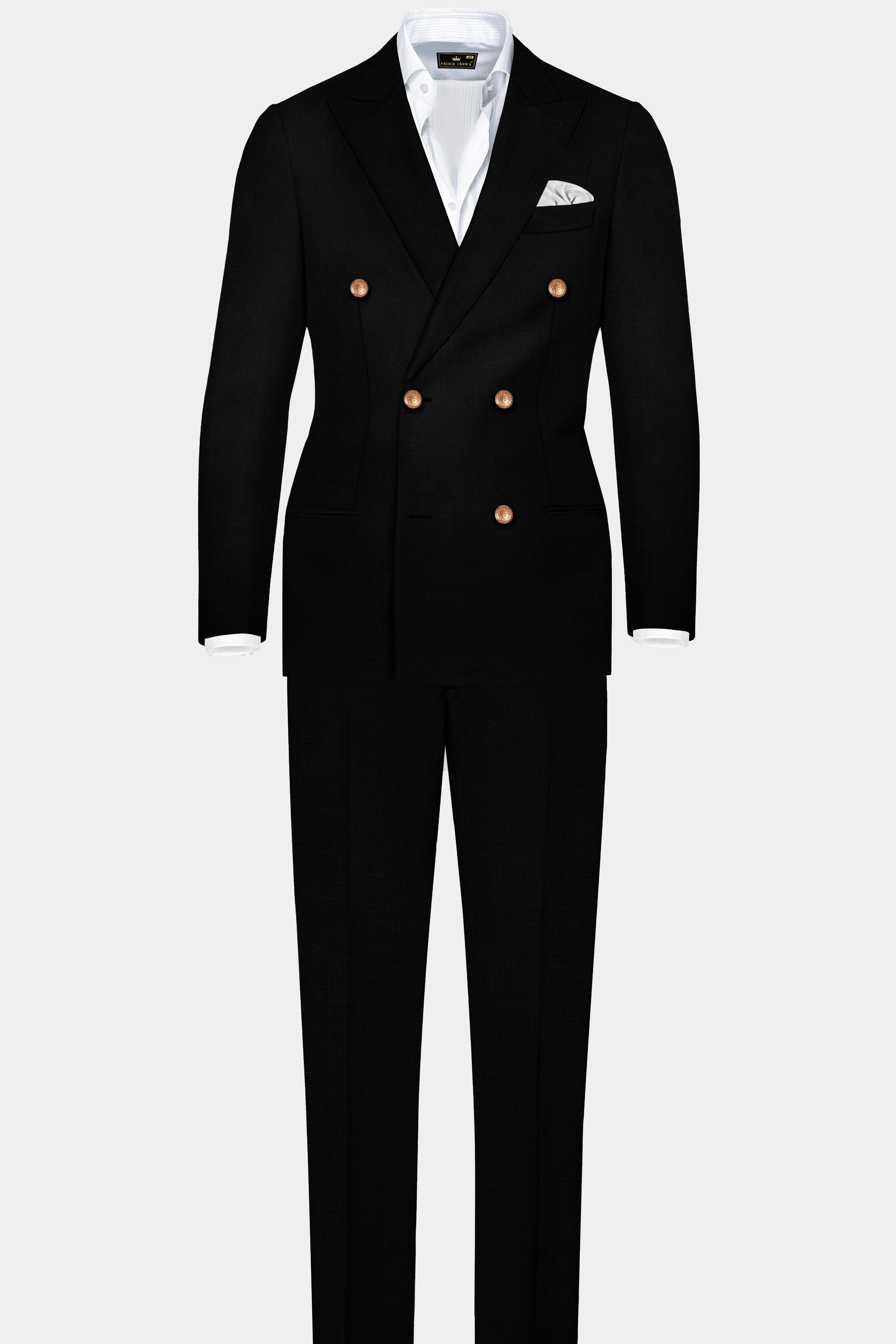 Jade Black Stretchable Subtle Sheen Golden Buttons Double-Breasted Wool Rich Blazer