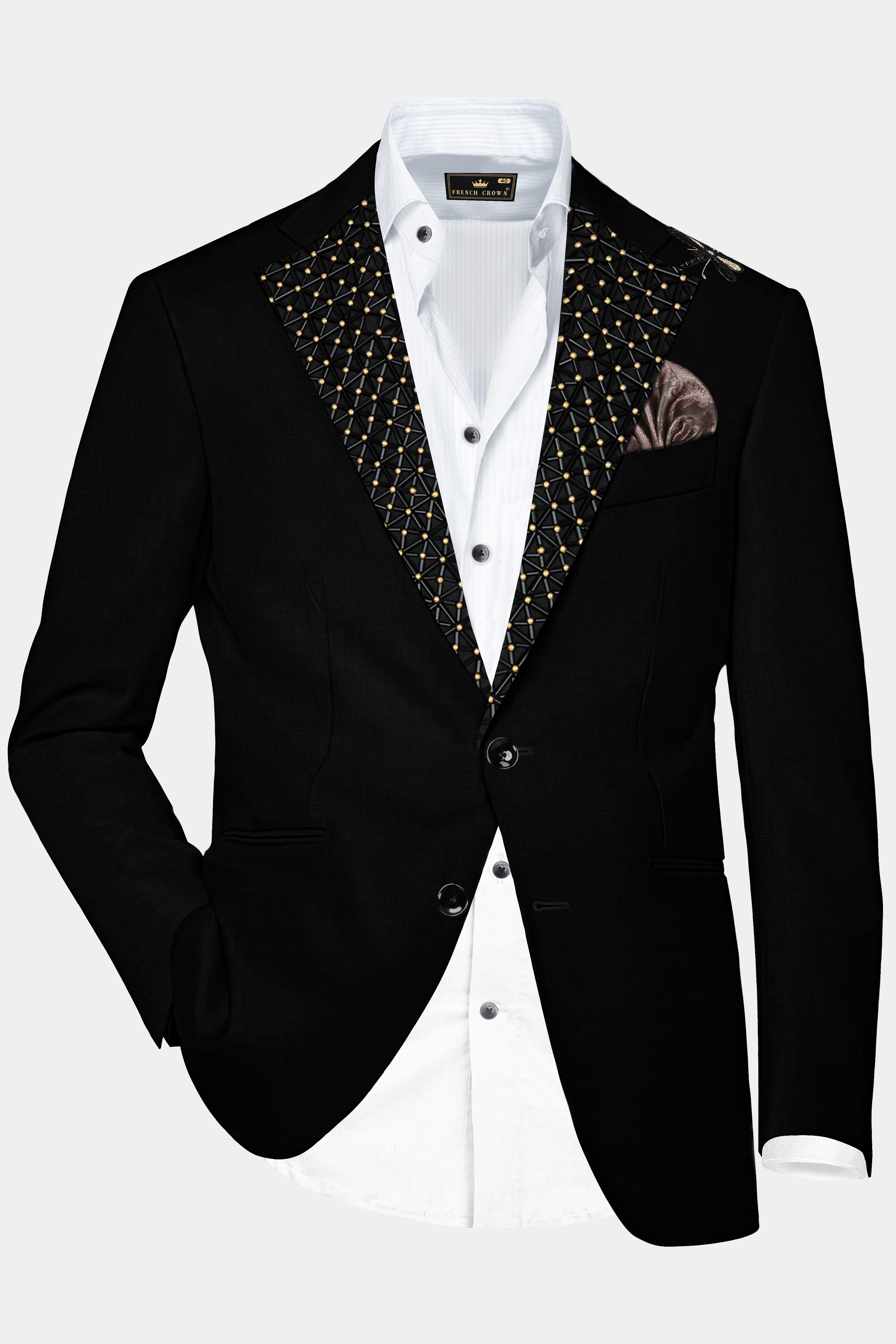 Jade Black Stretchable Subtle Sheen Moth Patterned Wool Rich Tuxedo Blazer