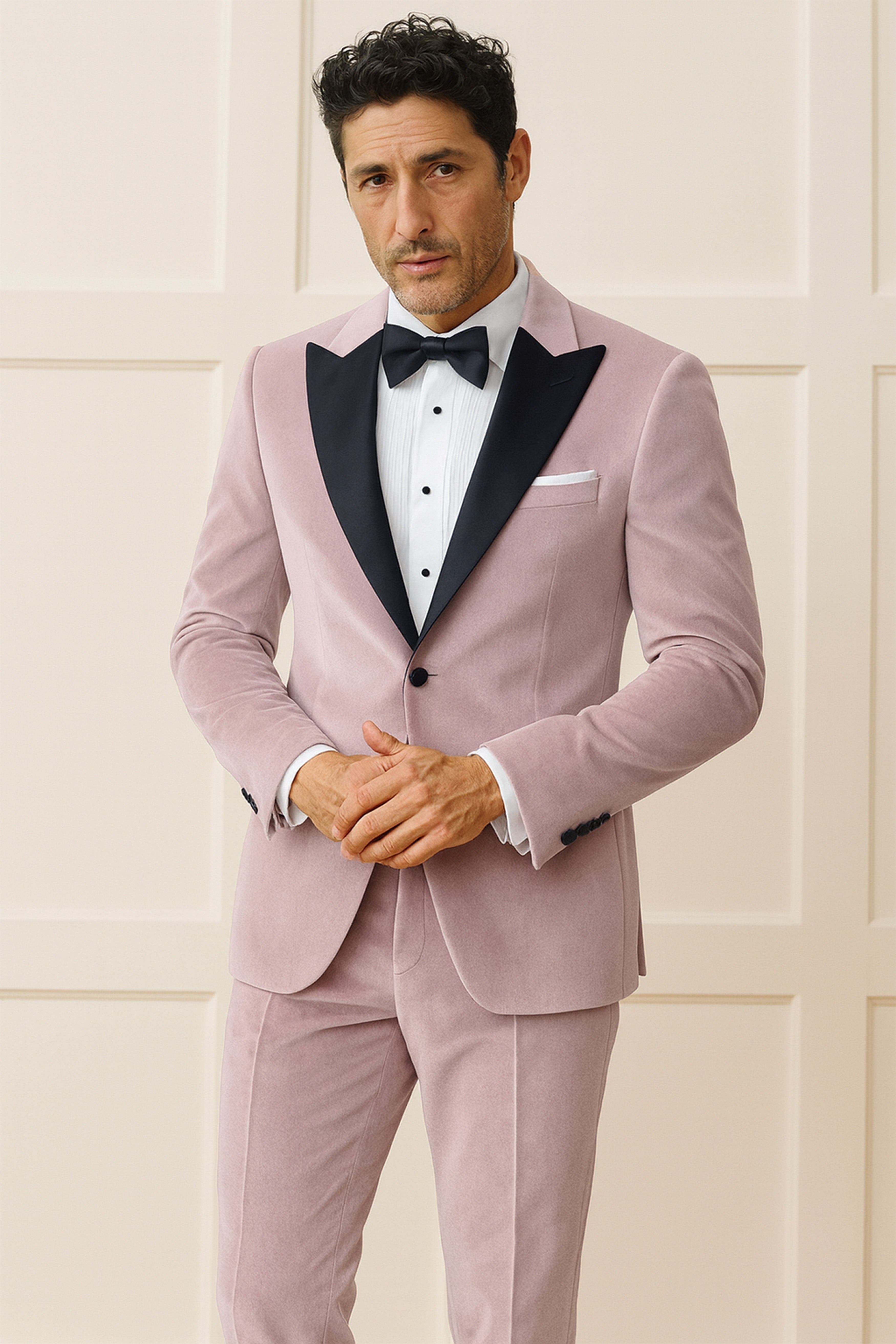 Rosvoro-Calming Pink Velvet Peak Lapel Tuxedo Blazer